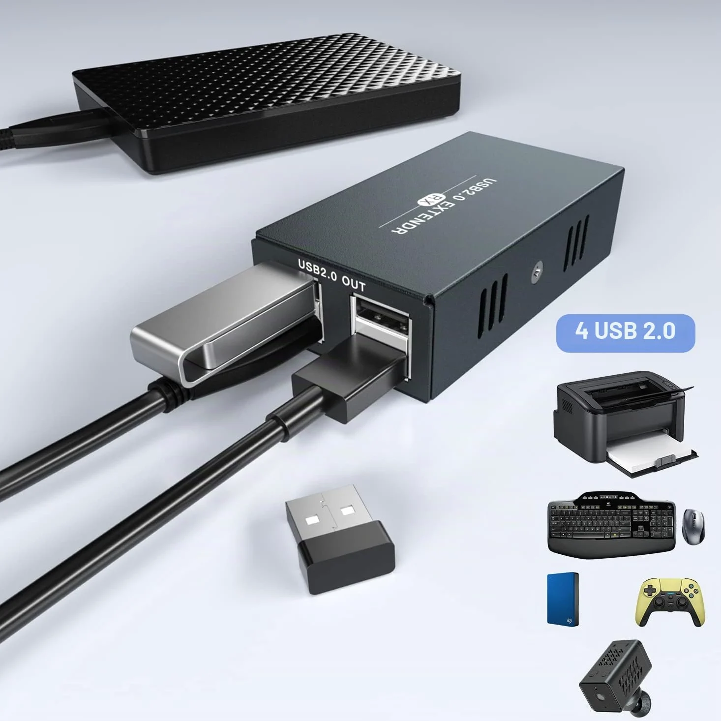 Extenseur USB 4 USB 2.0 sur Ethernet 50 m Cat5e/6/7 Hub USB sans pilote pour webcam, imprimante, clavier, souris, micro