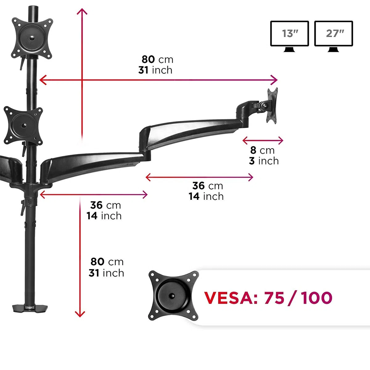 Duronic DM453VX1 Support 4 écrans d’Ordinateur à Pince VESA 75 100