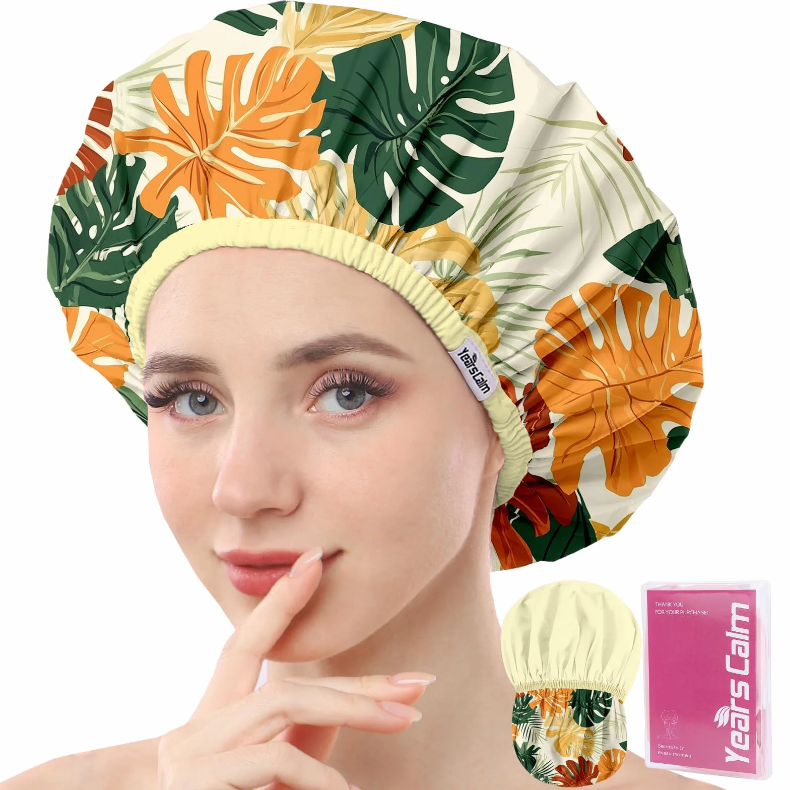 Lot de bonnets de douche réutilisables et imperméables pour femmes – Bonnet élastique à double couche avec impression botanique tropicale