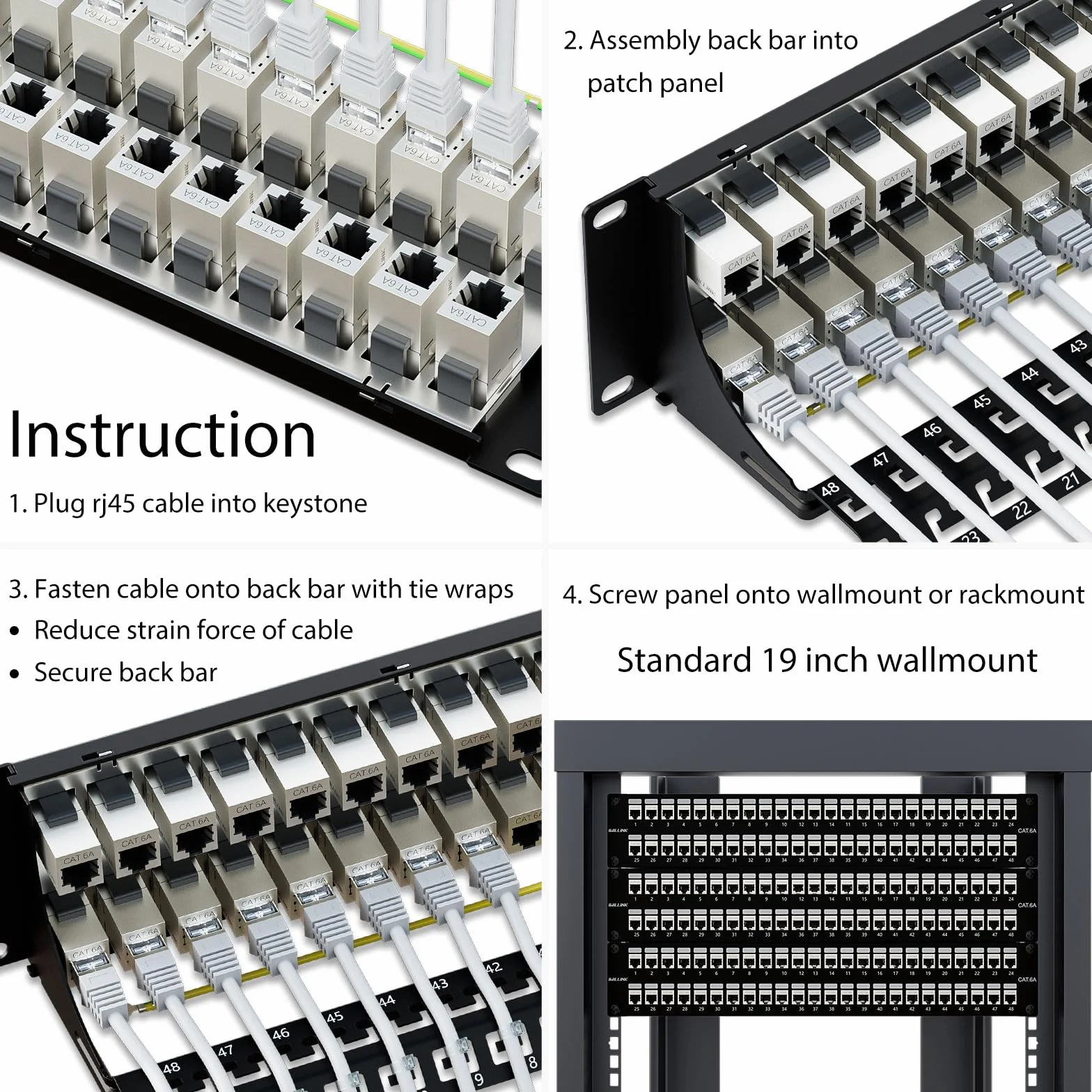 iwillink Panneau de brassage blindé Cat6a 48 ports avec coupleur RJ45 Keystone | STP Panneau de brassage 10 Gbit/s 48,3 cm 2U avec barre arrière, montage mural/rack, câblage Cat5, Cat5e, Cat6