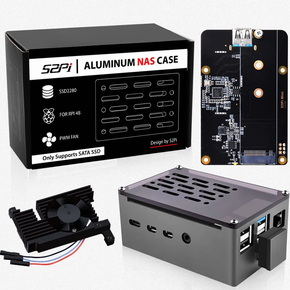 GeeekPi Boîtier NAS Raspberry Pi 4 en aluminium avec ventilateur PWM et adaptateur SSD M.2 SATA