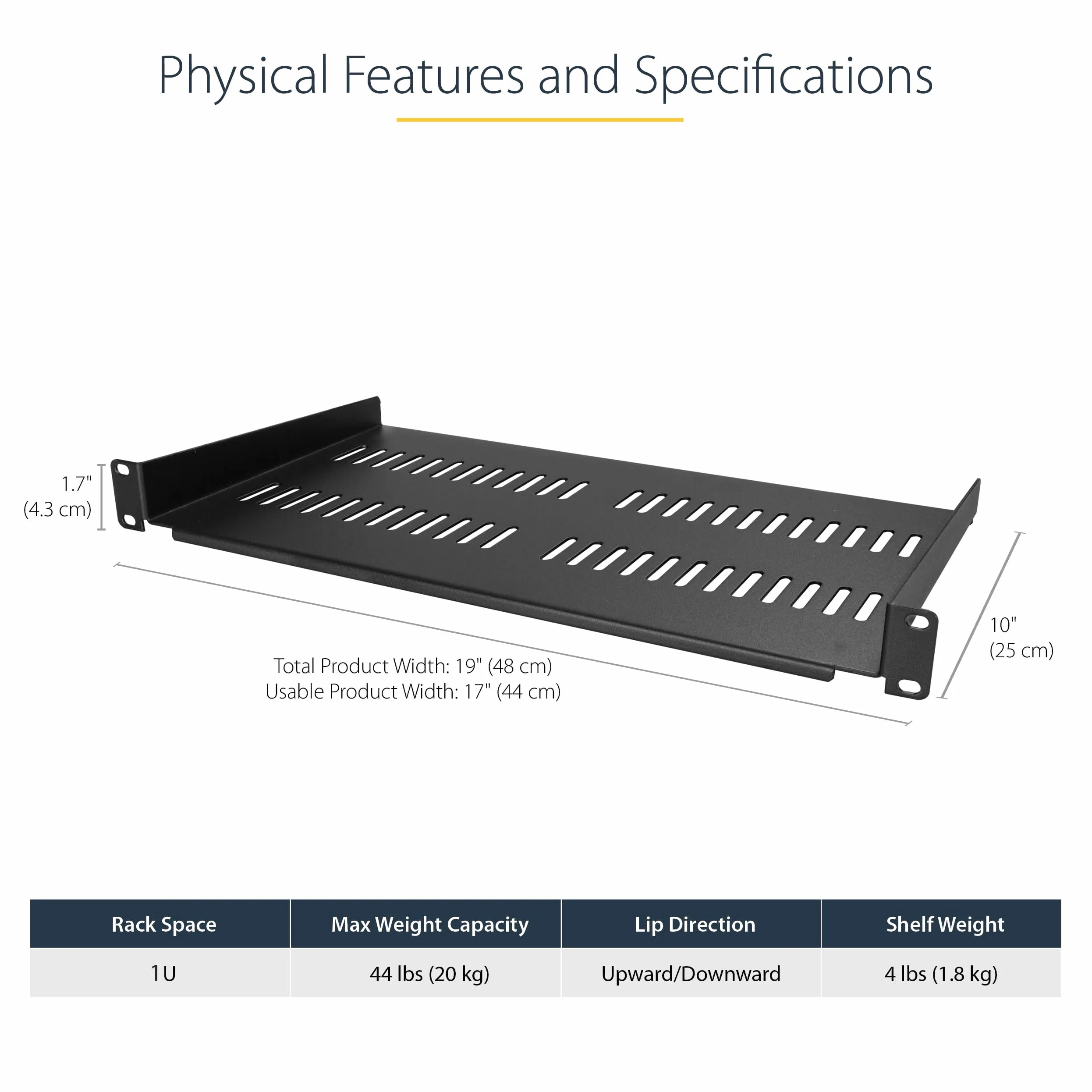 StarTech Lot de 2 Étagères Ventilées Rack 1U, 25cm, 20kg (CABSHELFV1U-2PK) | Plateau cantilever, Montage en rack, Armoire réseau, Très résistant