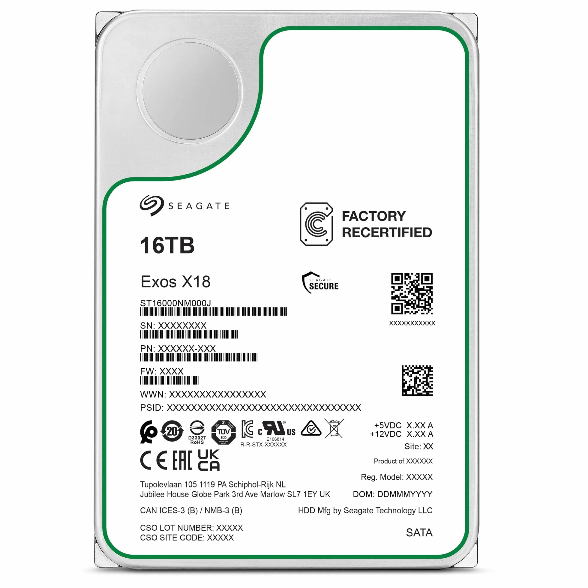 Seagate Exos X18 Enterprise Disque dur 16 To CMR 3,5" Hyperscale SATA, Numéro de modèle : ST16000NM000J (Reconditionné)