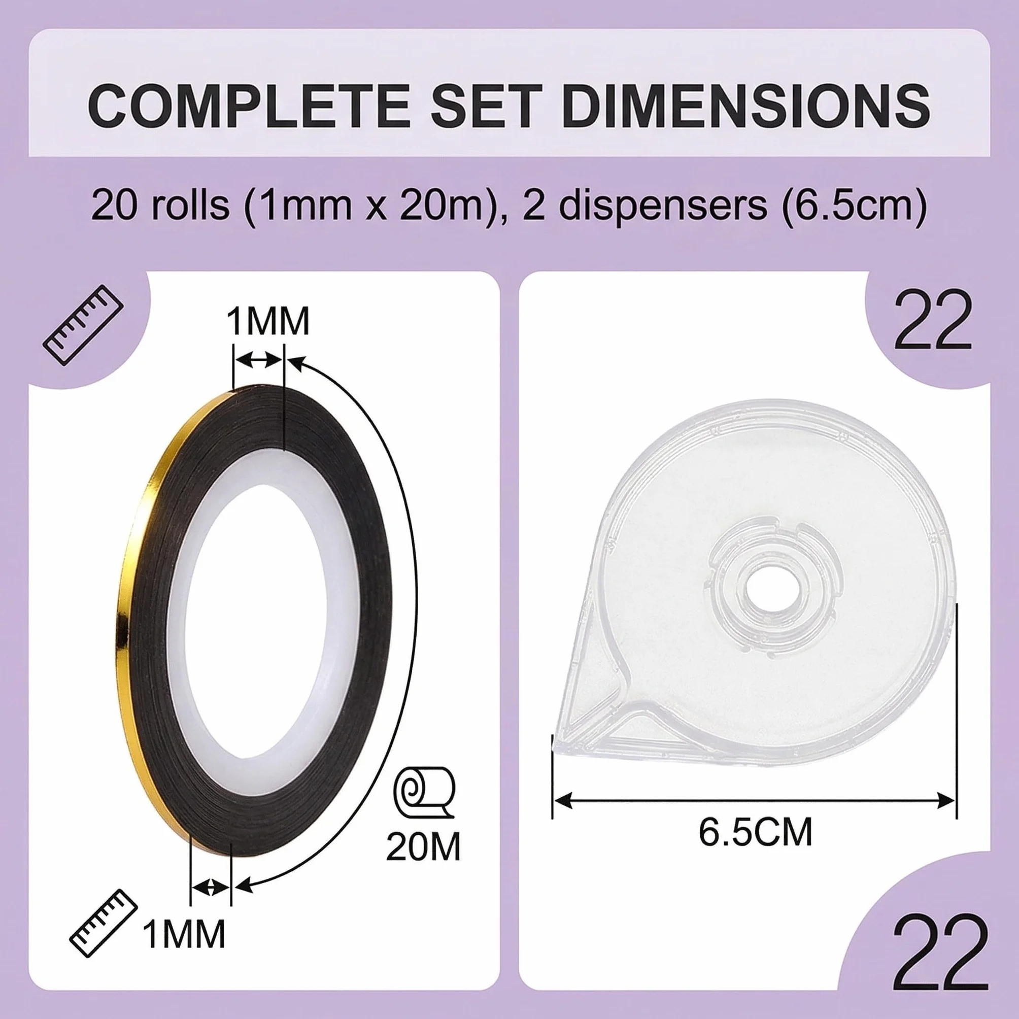 Kit 22 Pièces Ruban Décoration 1mm x 20m Or Argent Autocollants Nail Art Manucure DIY Salon