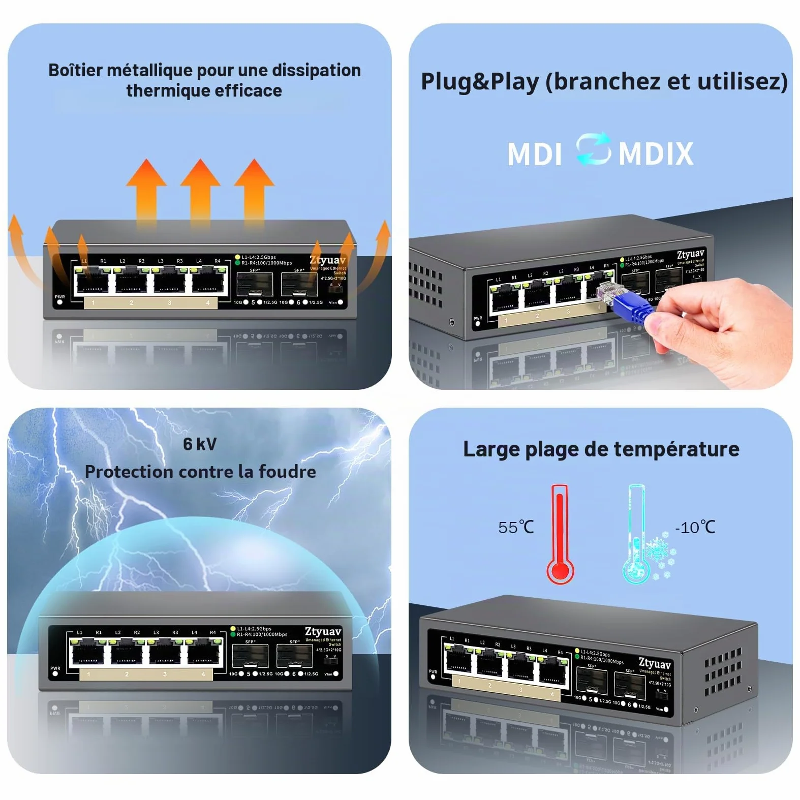 Commutateur Ethernet 2,5 G Non géré à 6 Ports avec 4 Ports RJ-45 Base-T 2,5 G, 2 Ports SFP + 10 G, Vitesse de négociation Automatique 100/1000/2500 Mbps, VLAN à Une Touche, Plug & Play, sans(6)