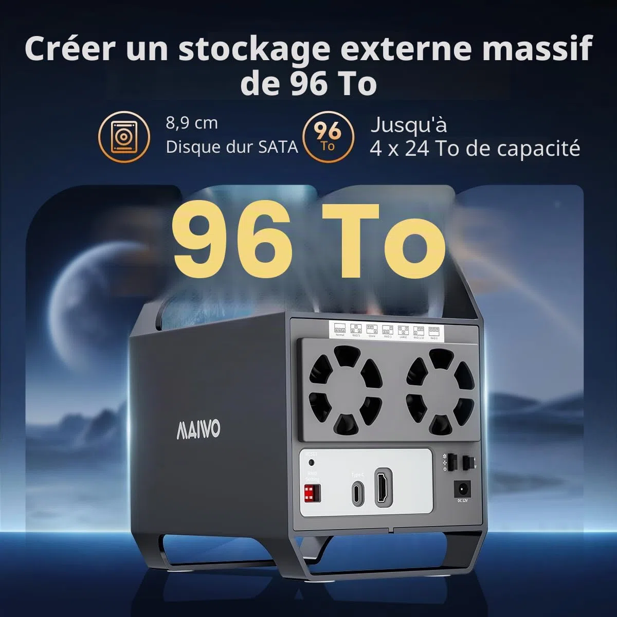 MAIWO Boîtier RAID 4 baies pour disque dur SATA 3,5" avec ventilateur de refroidissement, câble USB A-C 3.0 et C-C inclus, prend en charge Raid Normal, 0,3,5,1/10, Clone/Large (Jbod) et capacité de 96
