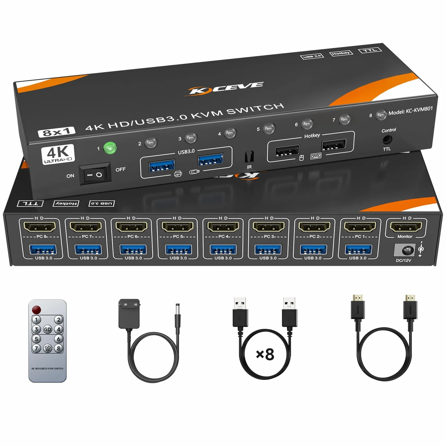Commutateur KVM HDMI 8 ordinateurs et 1 moniteur, commutateur KVM USB 3.0 avec prise en charge 4K @ 60 Hz pour 8 PC avec clavier et souris communs, compatible avec Windows/Linux/Mac, etc