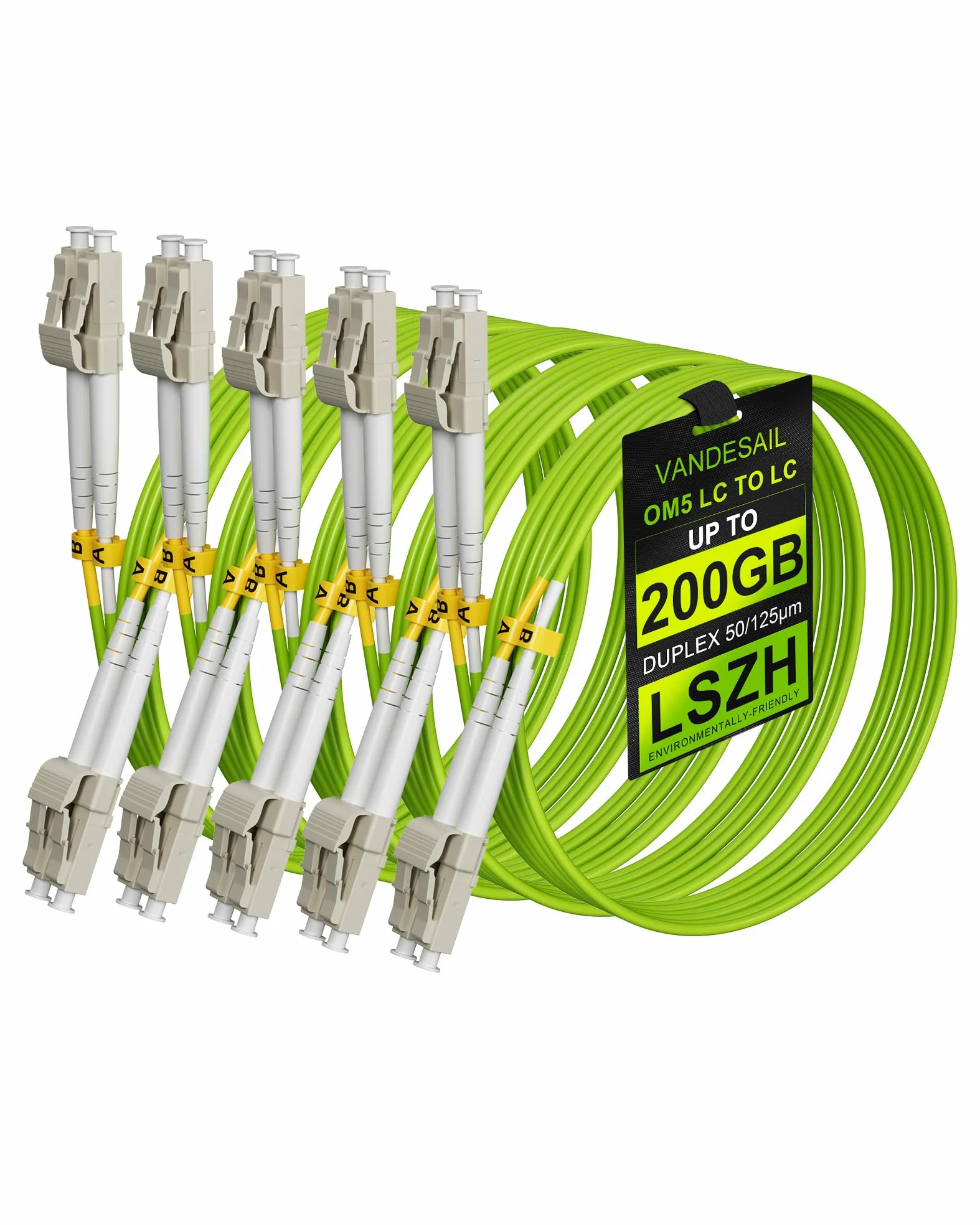 Lot de 5 câbles de raccordement en fibre multimode 2 m, 1/10/40/100 Go OM5 LC vers LC - MM 50/125 µm Duplex LSZH, OM4/OM3 compatible avec émetteur-récepteur SFP+ - 2 m