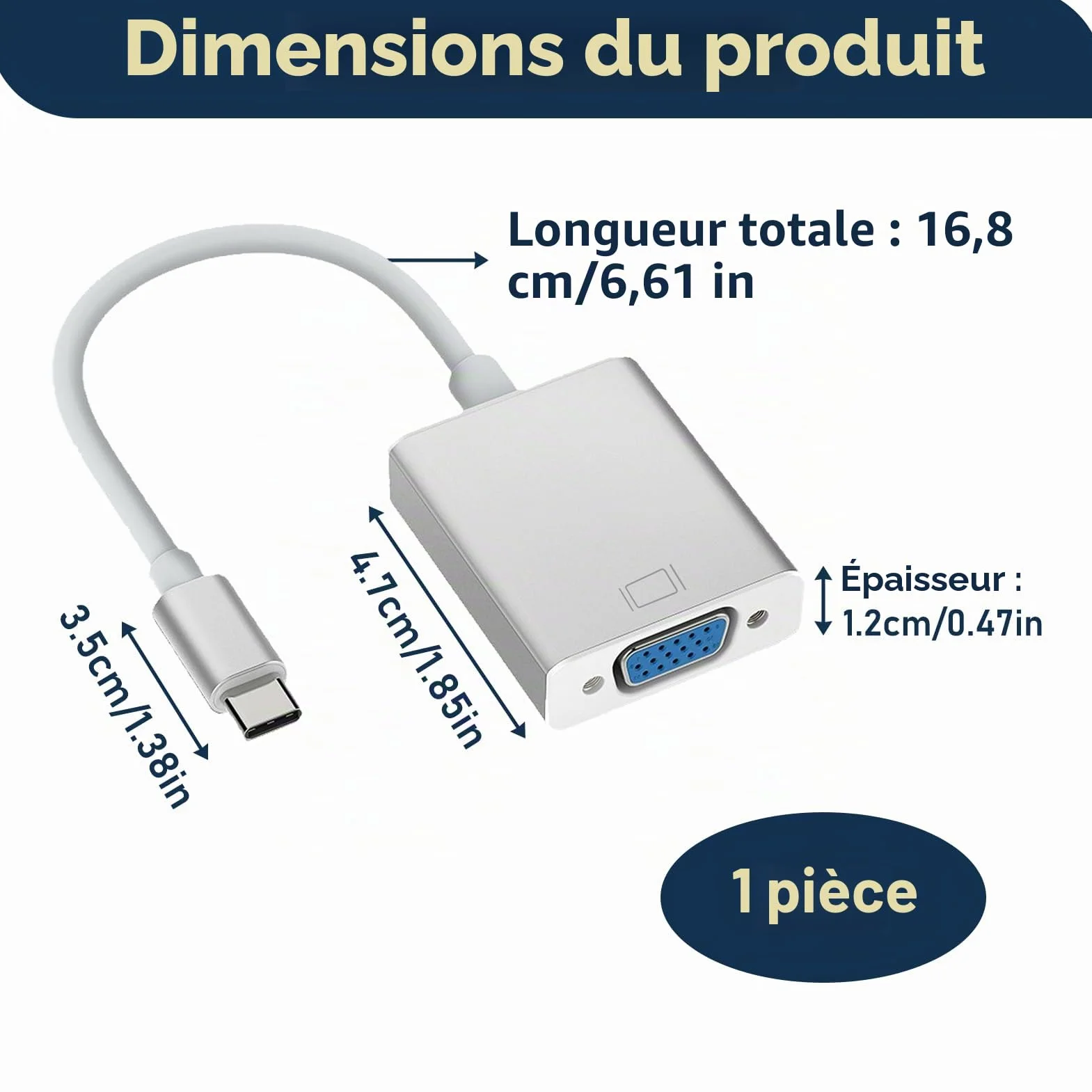 Adaptateur USB C vers VGA, Compatible Thunderbolt 3/4, Résolution 1920x1200, Boîtier Aluminium pour MacBook Pro/Air