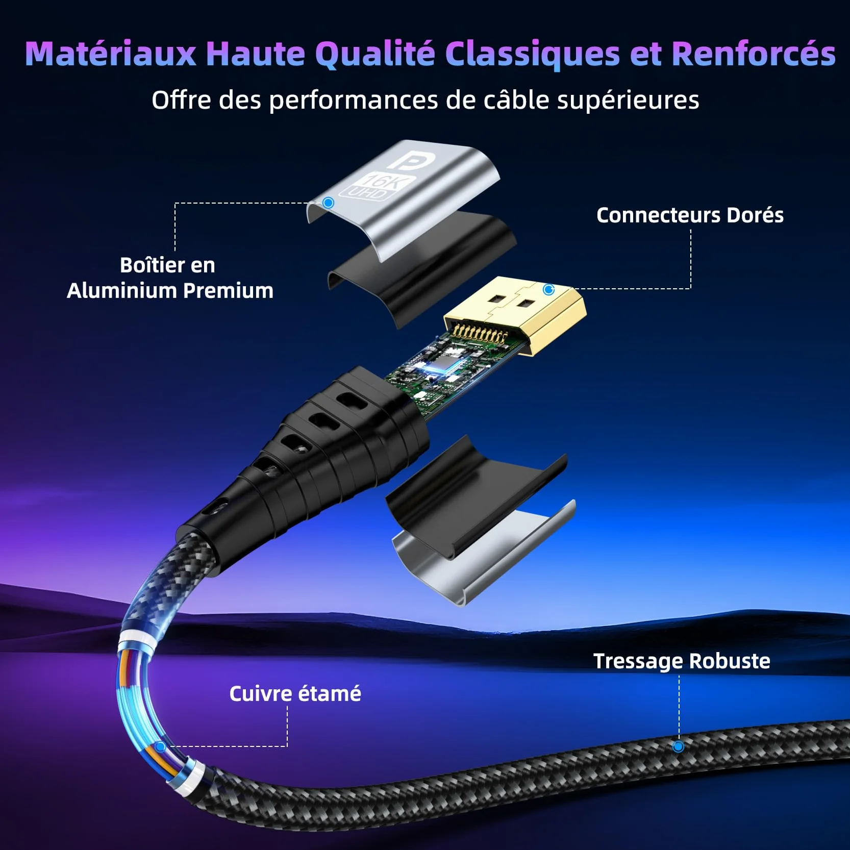 Câble DisplayPort 2m 2.1 16K DP 80Gbps HDR FreeSync G-Sync DSC 1.2a HDCP 2.2