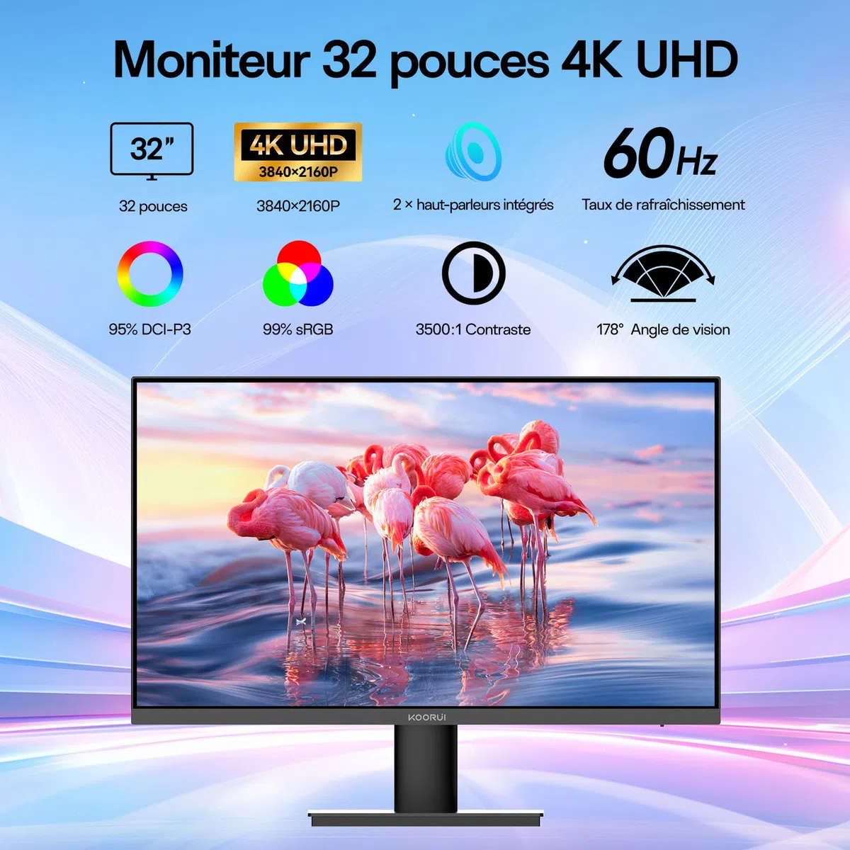 KOORUI Écran PC 32 Pouces 4K UHD, Dalle VA, Haut-parleurs intégrés
