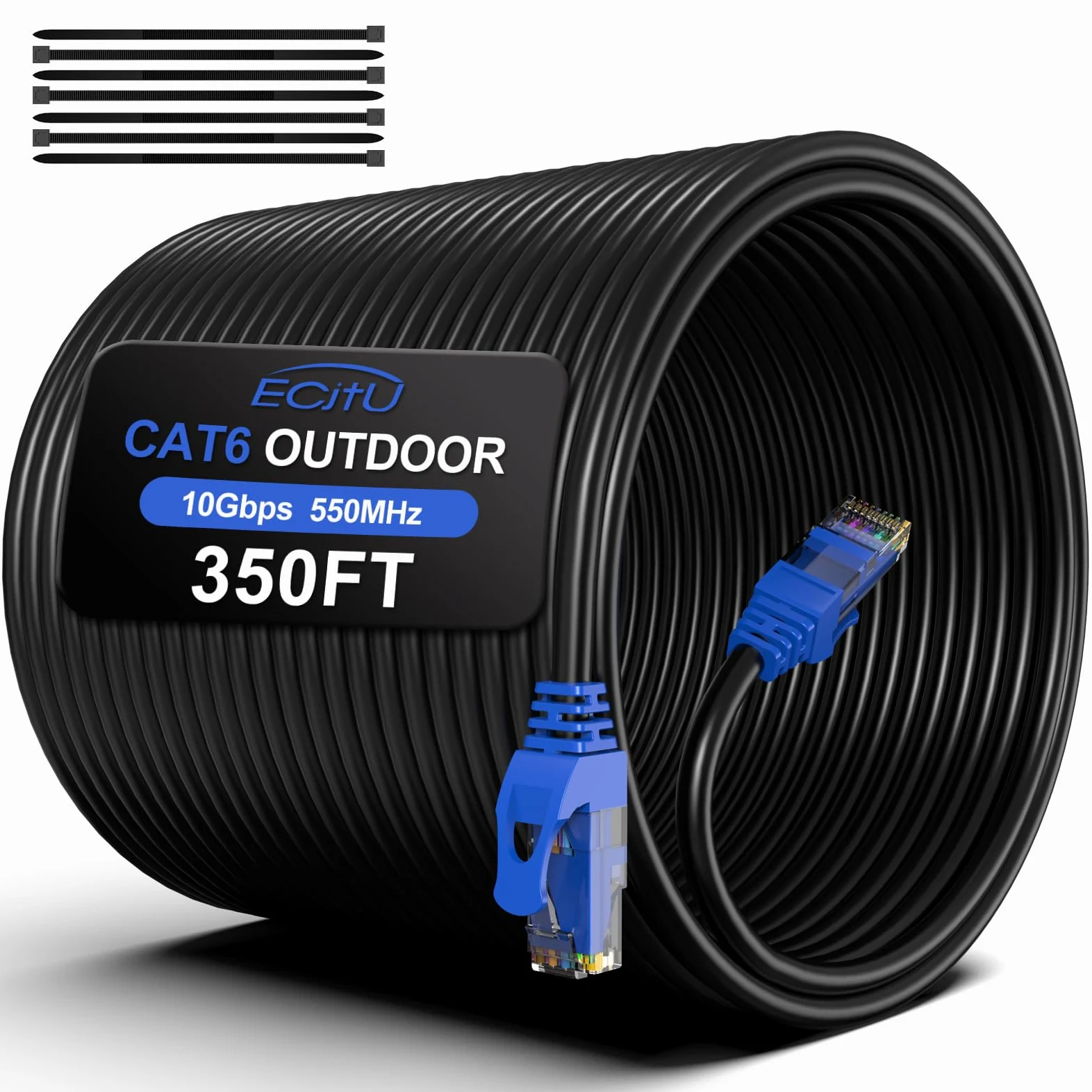 Câble d'extérieur Cat6 - 100 m - Câble Ethernet Cat 6 - 24 AWG CCA, UTP (non blindé), imperméable, résistant aux UV, à enfouir directement, réseau, Internet, RJ45 LAN avec 25 serre-câbles