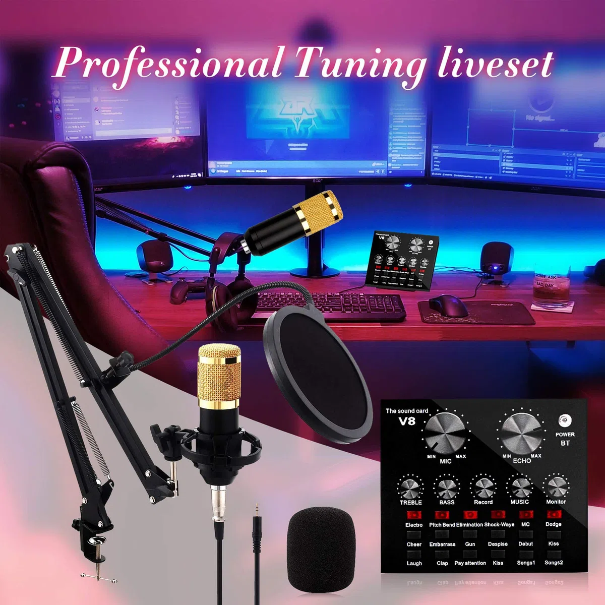 Carte Son, Carte Son multifonctionnelle en Direct, Ensemble de Microphones pour Carte Son, Ensemble de Microphones en métal pour Diffusion, Support réglable, 12 Effets sonores de Fond