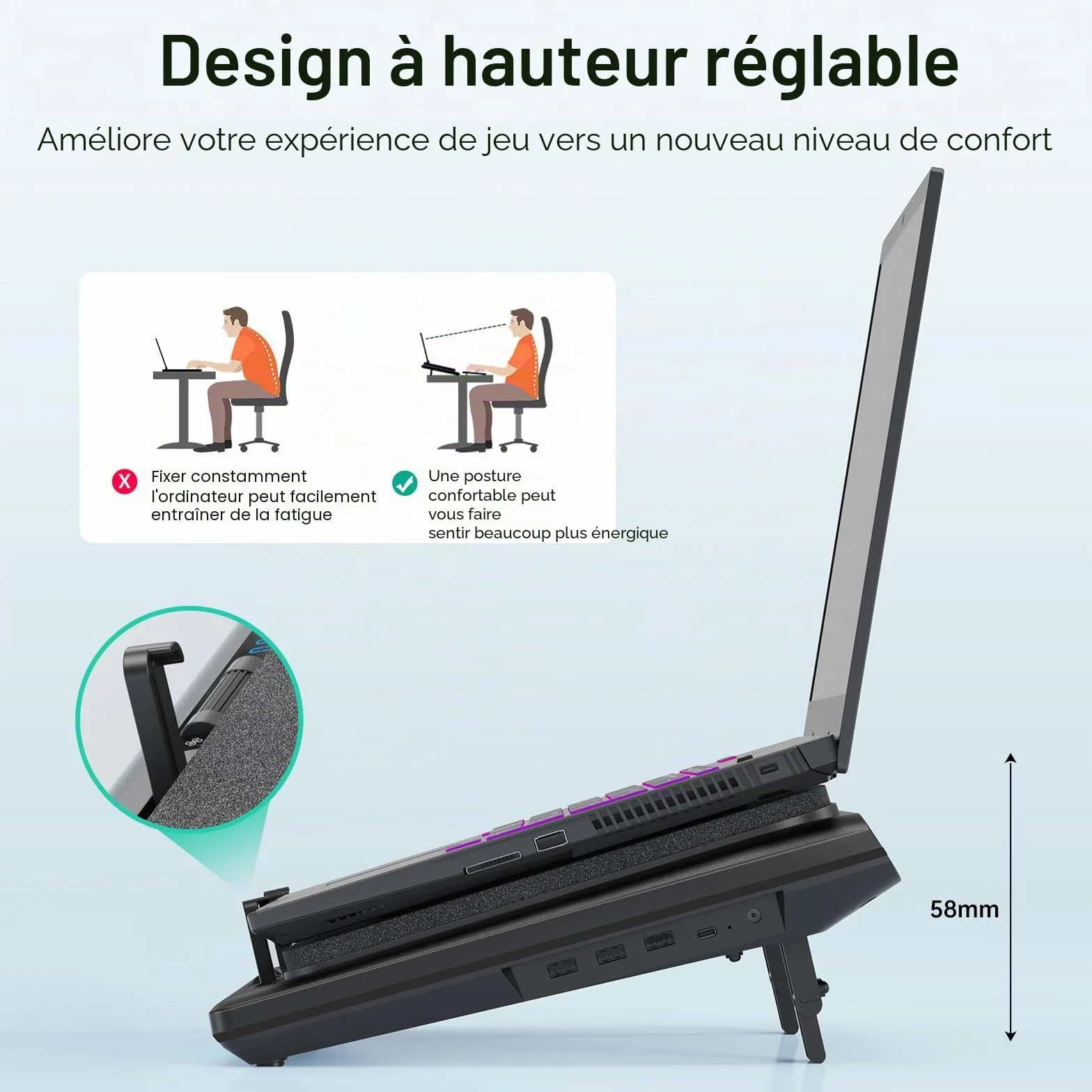 Llano Refroidisseur PC Portable 14 cm Ventilateur Turbo Mousse étanchéité 38-48 cm Hub USB 3 Ports