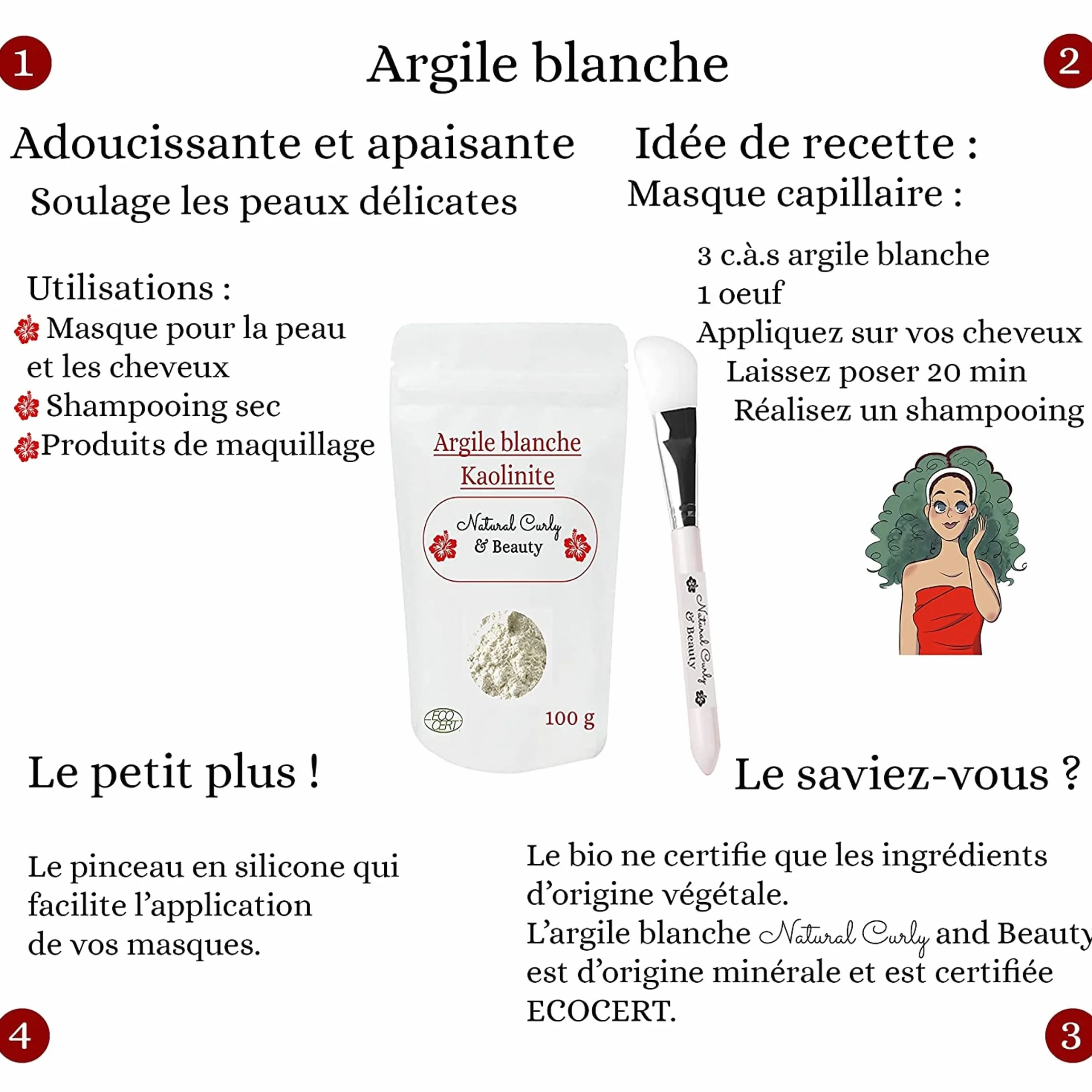 Argile blanche kaolin certifiée Eco-Cert avec pinceau applicateur masque en silicone visage corps cheveux