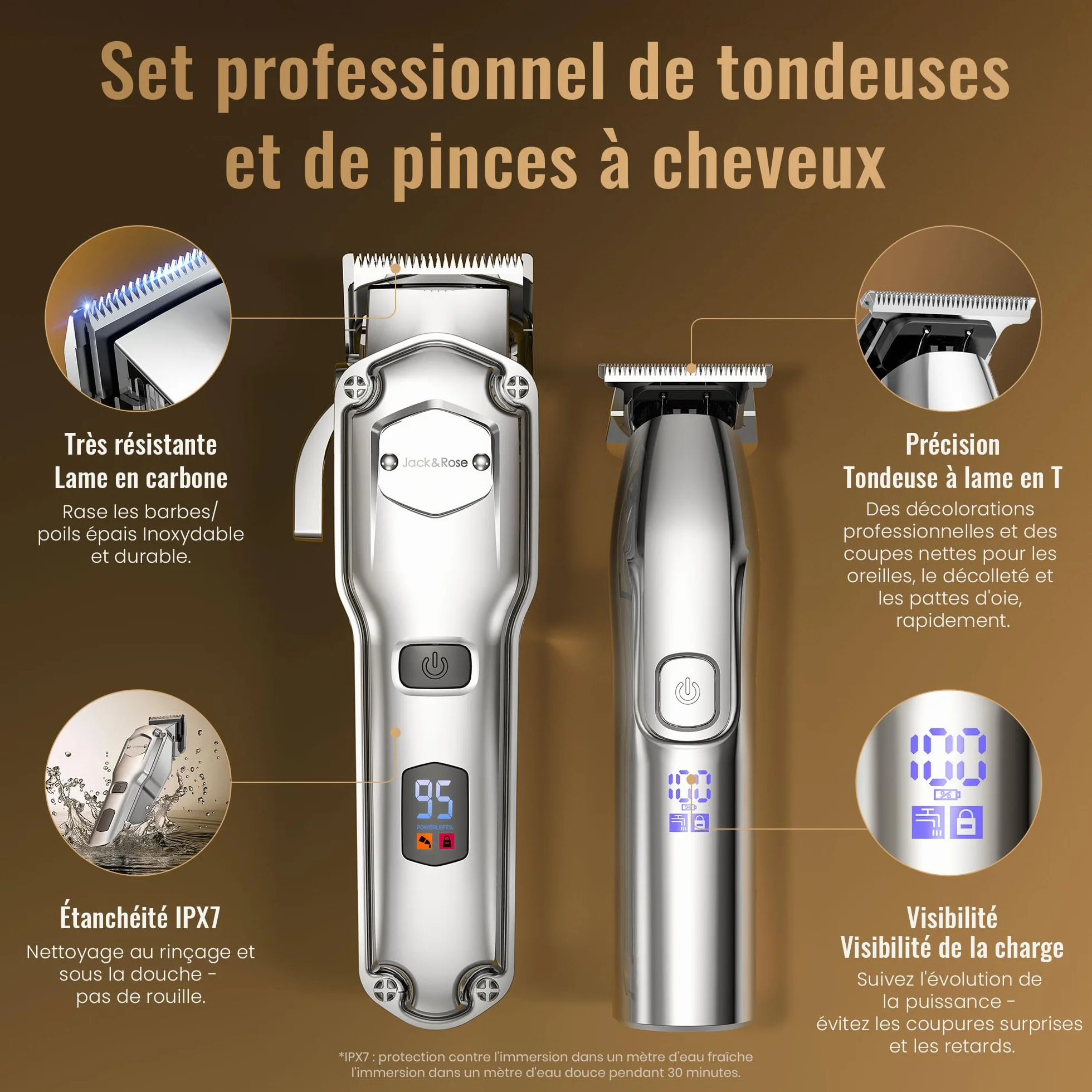 Tondeuse à cheveux professionnelle T-lames Trimmer Set IPX7 étanche