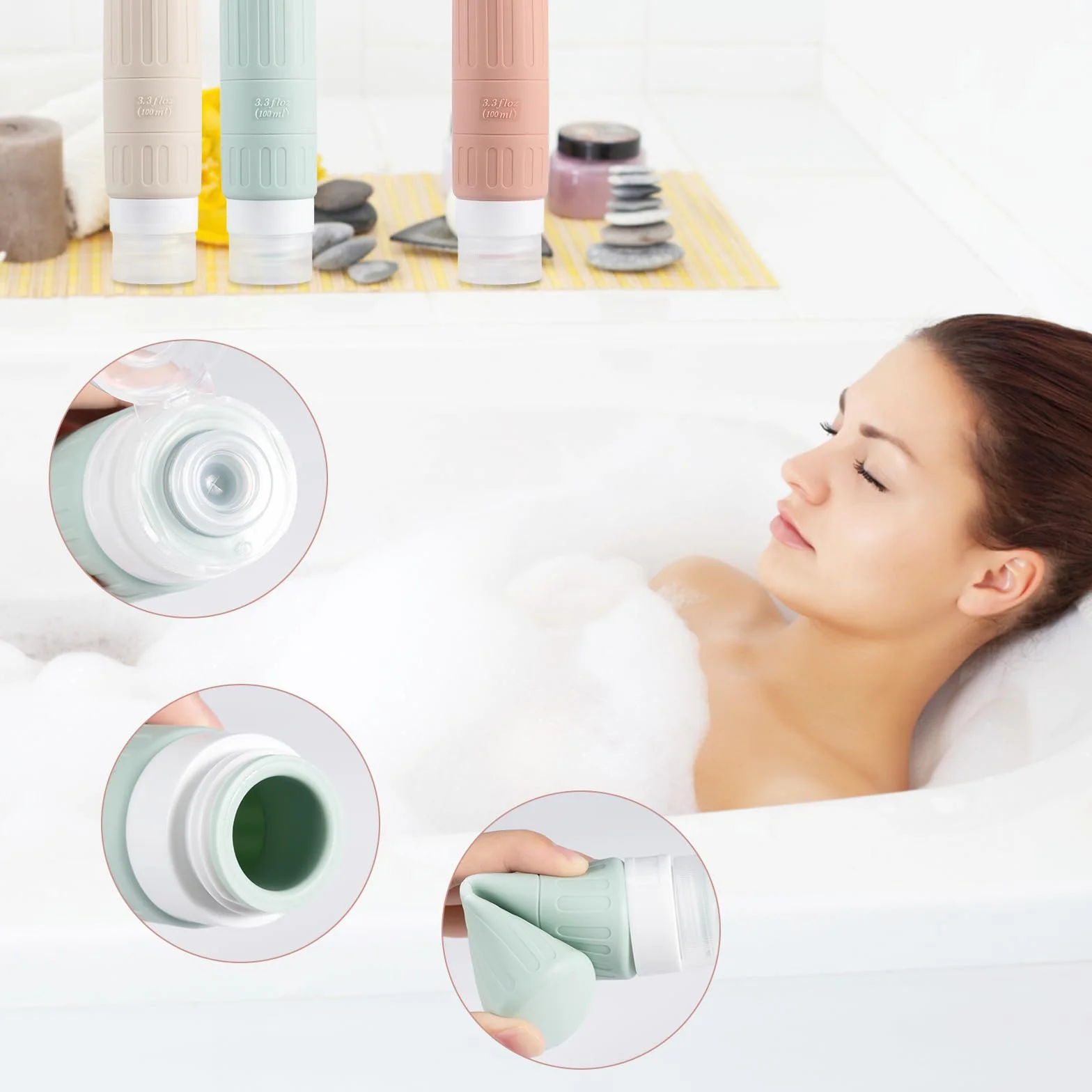 Carehabi 5 Pièces Flacon Voyage Silicone 100ml Avion, Contenant Vide Remplissable pour Shampooing Gel Douche Lotion Cosmétiques