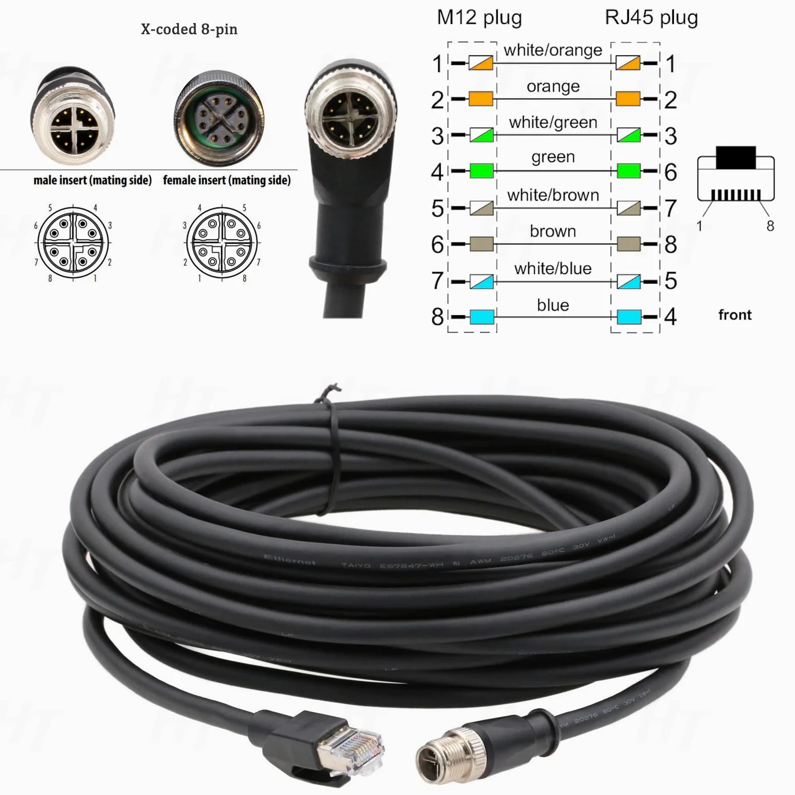 HangTon Câble de données Ethernet M12 8 pôles mâle à code X vers RJ45 Cat5e blindé, Connecteur Cable pour caméra industrielle GigE Basler Blaze et Cognex IS2000 IS7000 IS8000 15 m