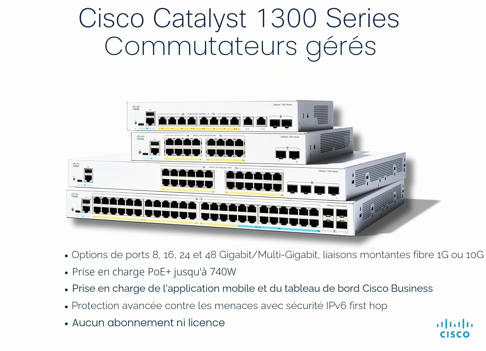 Cisco Commutateur administrable Cisco Catalyst 1300-8P-E-2G, 8 Ports GE, PoE, alim. Externe, Ports combinés 2x1GE, Garantie limitée à Vie (C1300-8P-E-2G)