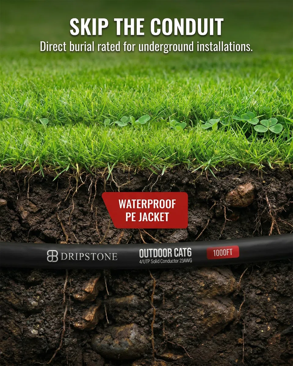 DRIPSTONE CAT6 Direct Burial Ethernet Cable 23AWG Solid CCA UTP, Waterproof HDPE Insulated, Polyethylene (PE) Jacket for Indoor/Outdoor Installations (Black - 1000ft)
