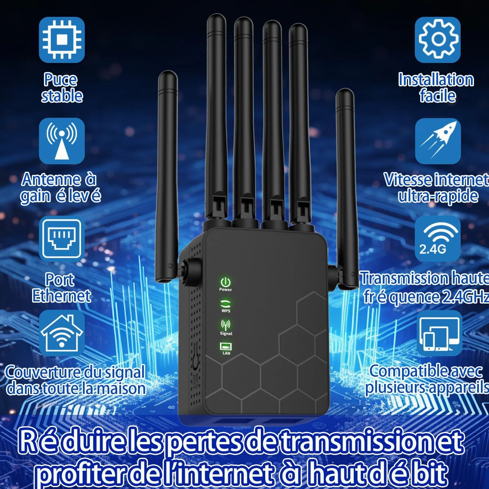 2024 Nouveau Répéteur WiFi Puissant, Amplificateur WiFi Dispose de 6 antennes murales percées puissantes,Extension WiFi pour la Maison et Le Bureau, Répéteur/Routeur/AP.