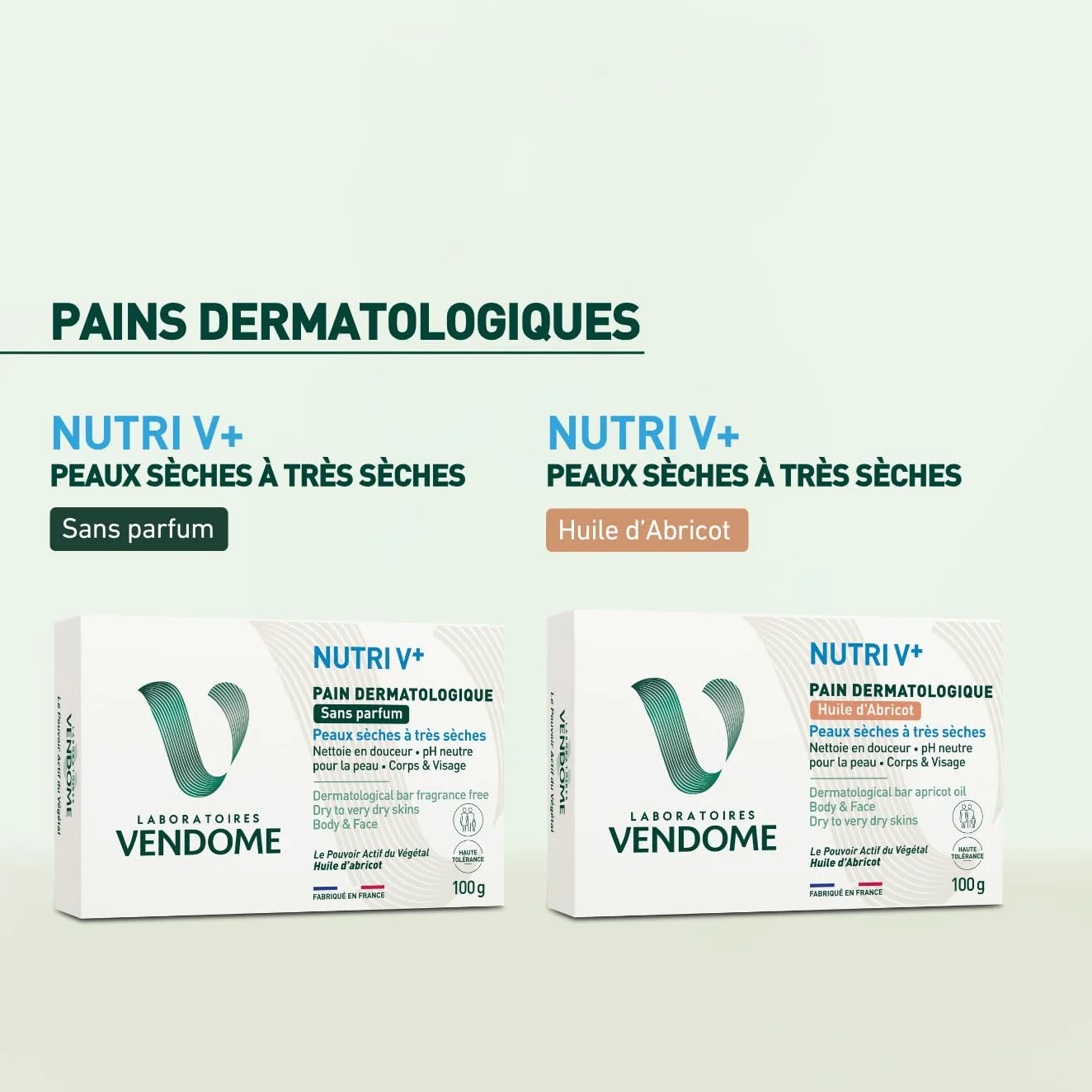 LABORATOIRES VENDÔME NUTRI V+ Pain Dermatologique Huile d'Abricot Corps & Visage 100g Peaux Sèches à Très Sèches