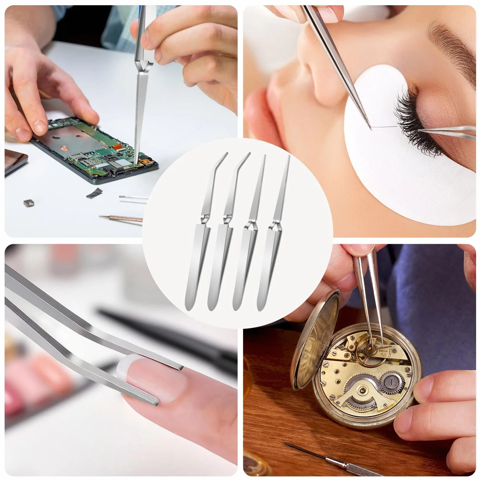 Pince à Pincher en Acier Inoxydable 148 mm, Pièces 4, Ongle Bouts Droit et Courbé pour Extensions de Cils DIY