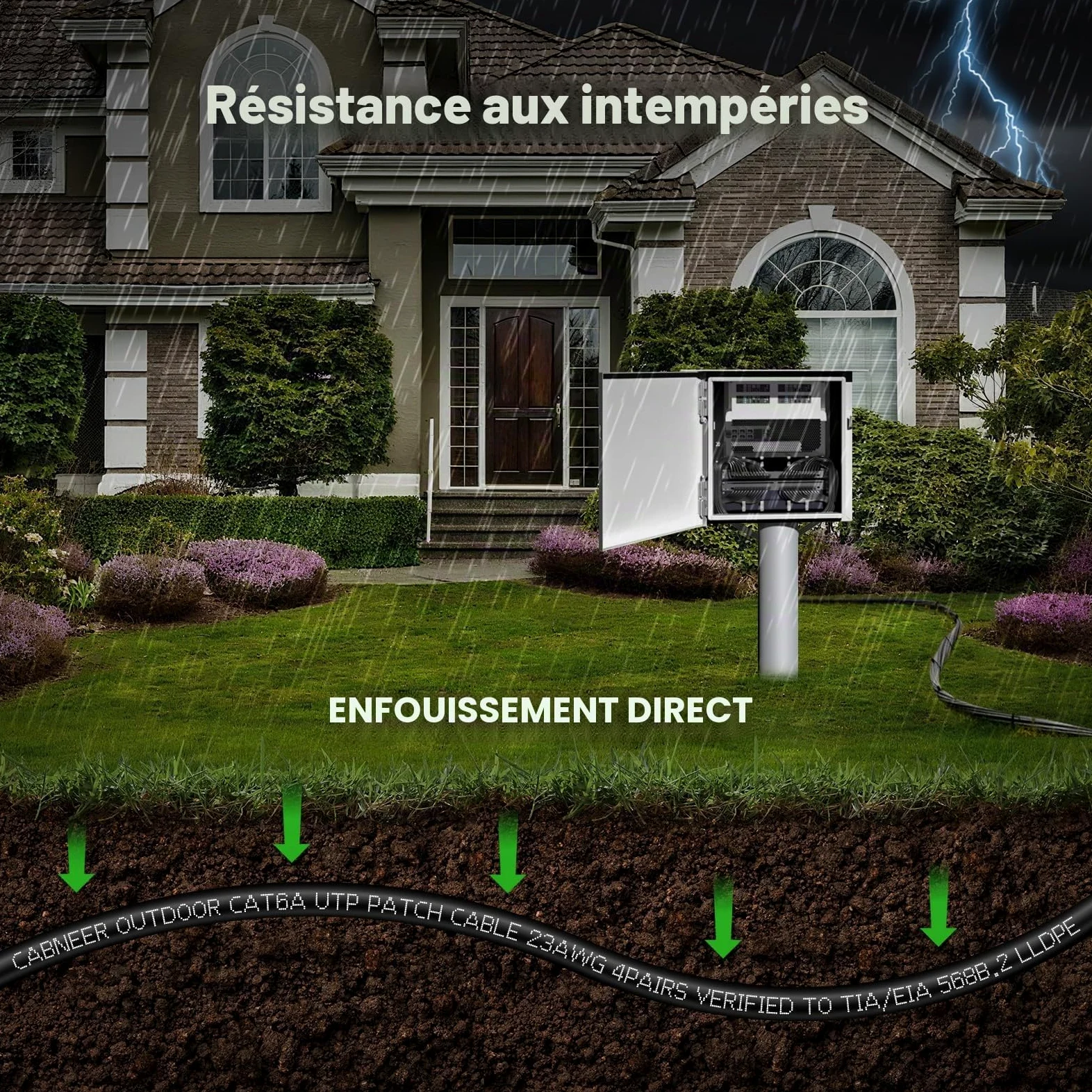 Cable Ethernet Extérieur Cat 6A 100m 23 AWG LLDPE 10 Gbps 550MHz, Résistant UV/Intempéries, Enfouissement Direct, Câble RJ45 Réseau Internet Gigabit Haute Vitesse UTP CCA, 80 Attaches Noires
