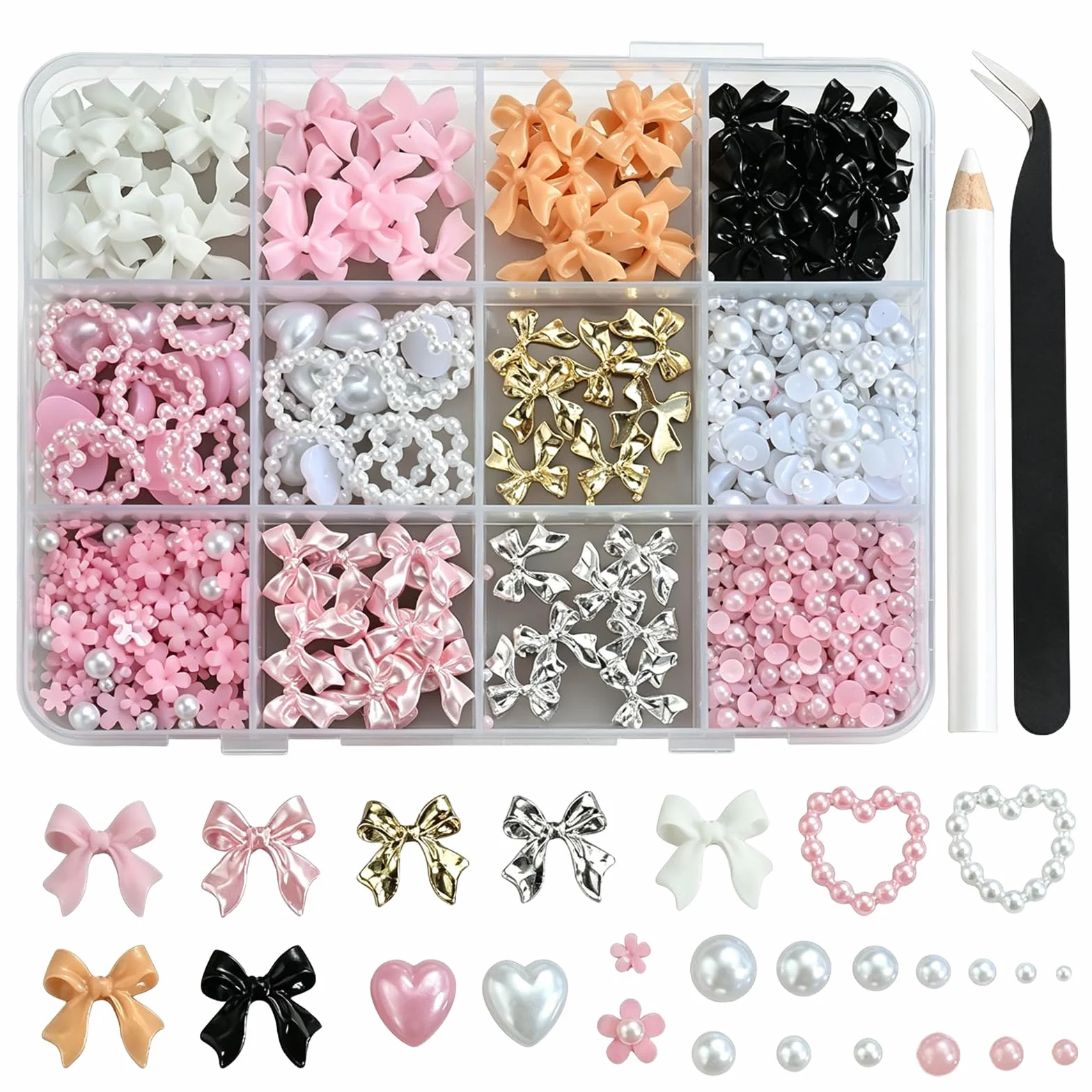 Pendentifs pour Ongles Nœud Blanc Rose Noir 3D Dos Plat Strass Nail Art Deco