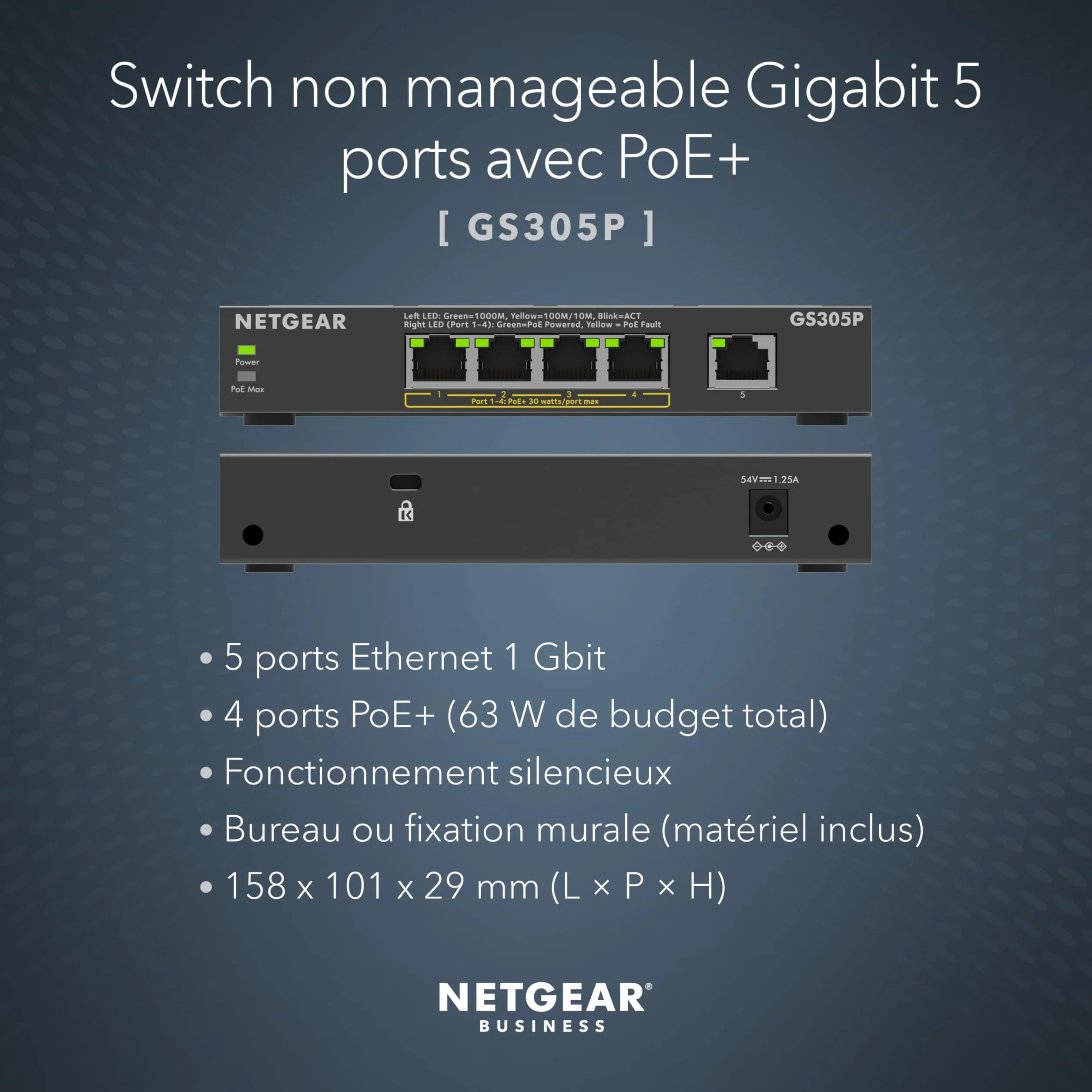 NETGEAR Switch 5 Ports Gigabit Ethernet PoE GS305PV3 4 PoE+ 63 W