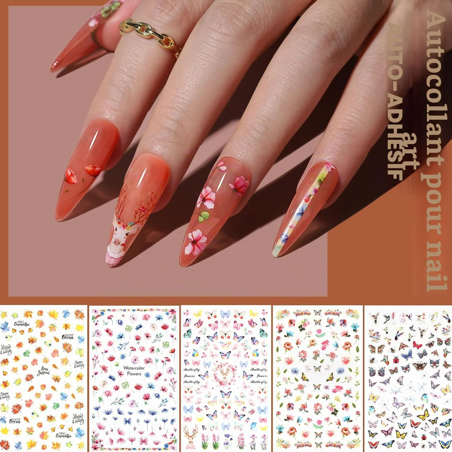 FANDAMEI Kit Nail Art Pinceaux Dotting Pens Strass Paillettes Papillon Feuille d'Or Décoration d'Ongles Rose