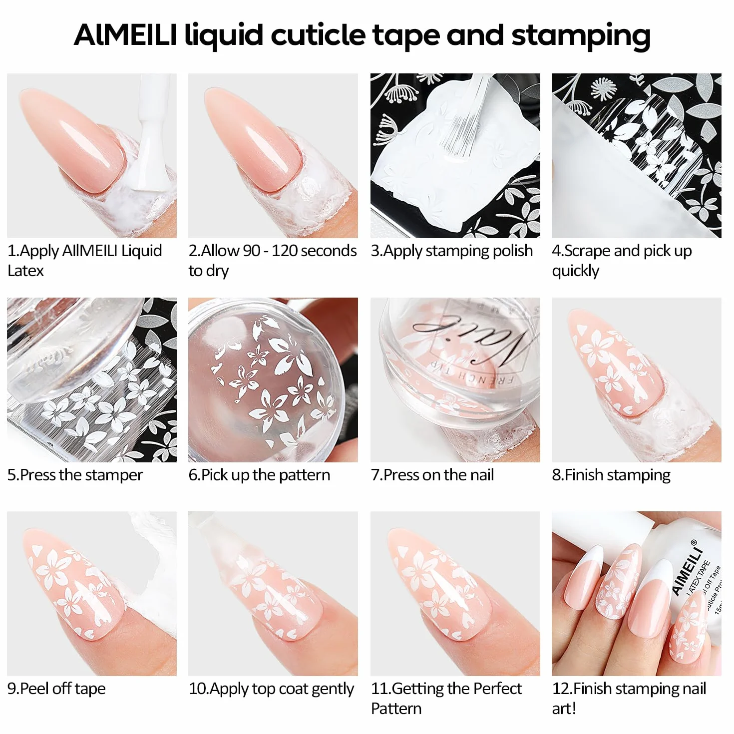 AIMEILI Nail Art Stamping Kit 5 Plaques 2 Silicone Tampons 2 Grattoir 15ml Latex Peel Off Tape