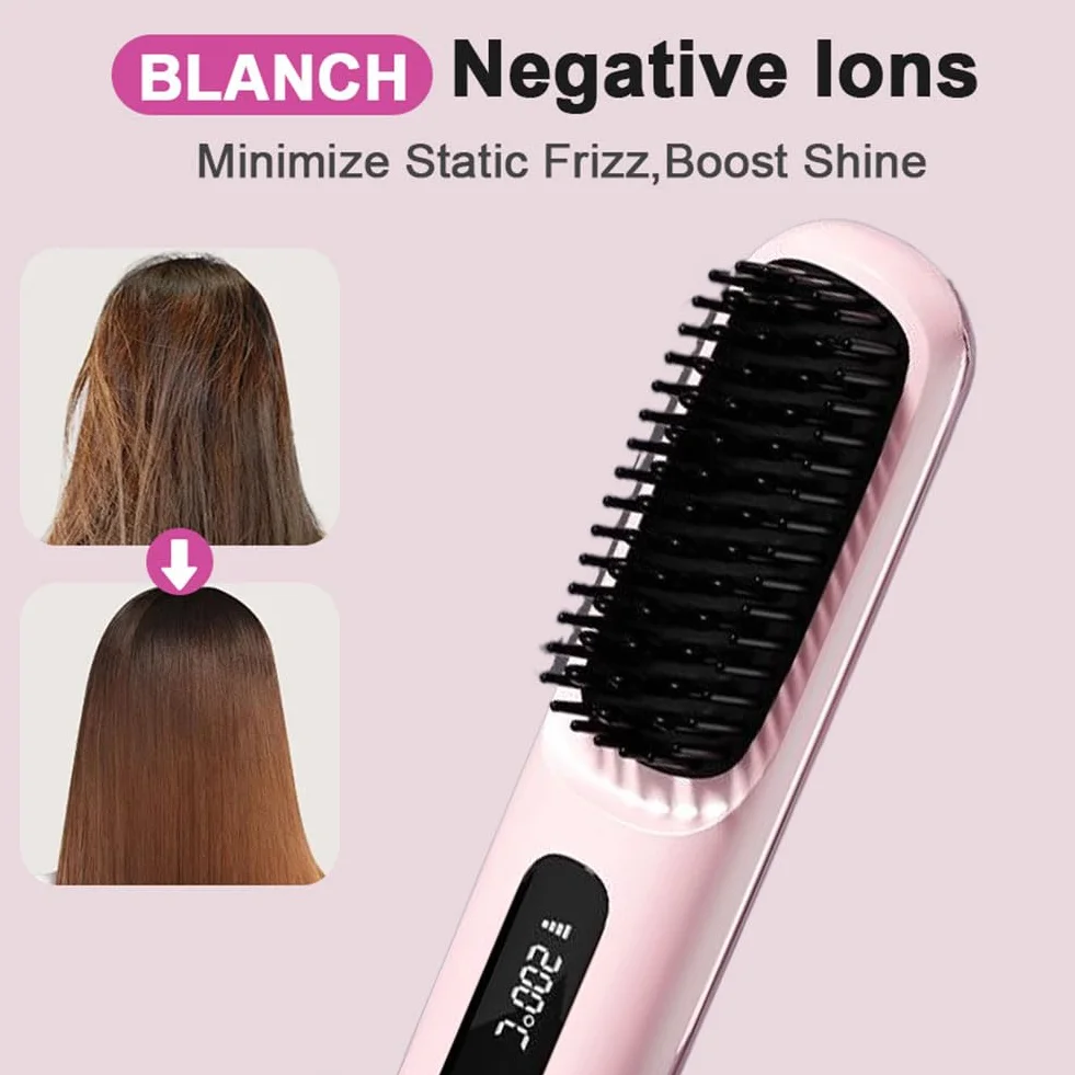 Brosse à Cheveux électrique sans fil Rechargeable Chauffante avec affichage LED 3 Niveaux de Température Lisser Boucler Rose