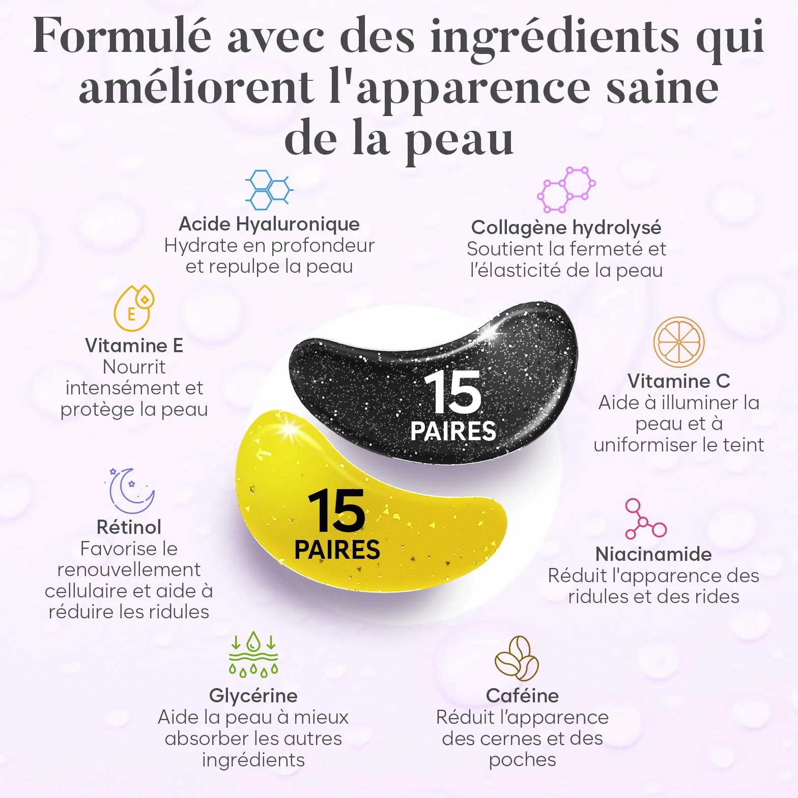 Patch Yeux Anti Cernes Caféine Collagène Acide Hyaluronique 30 Paires Hydratation Poches