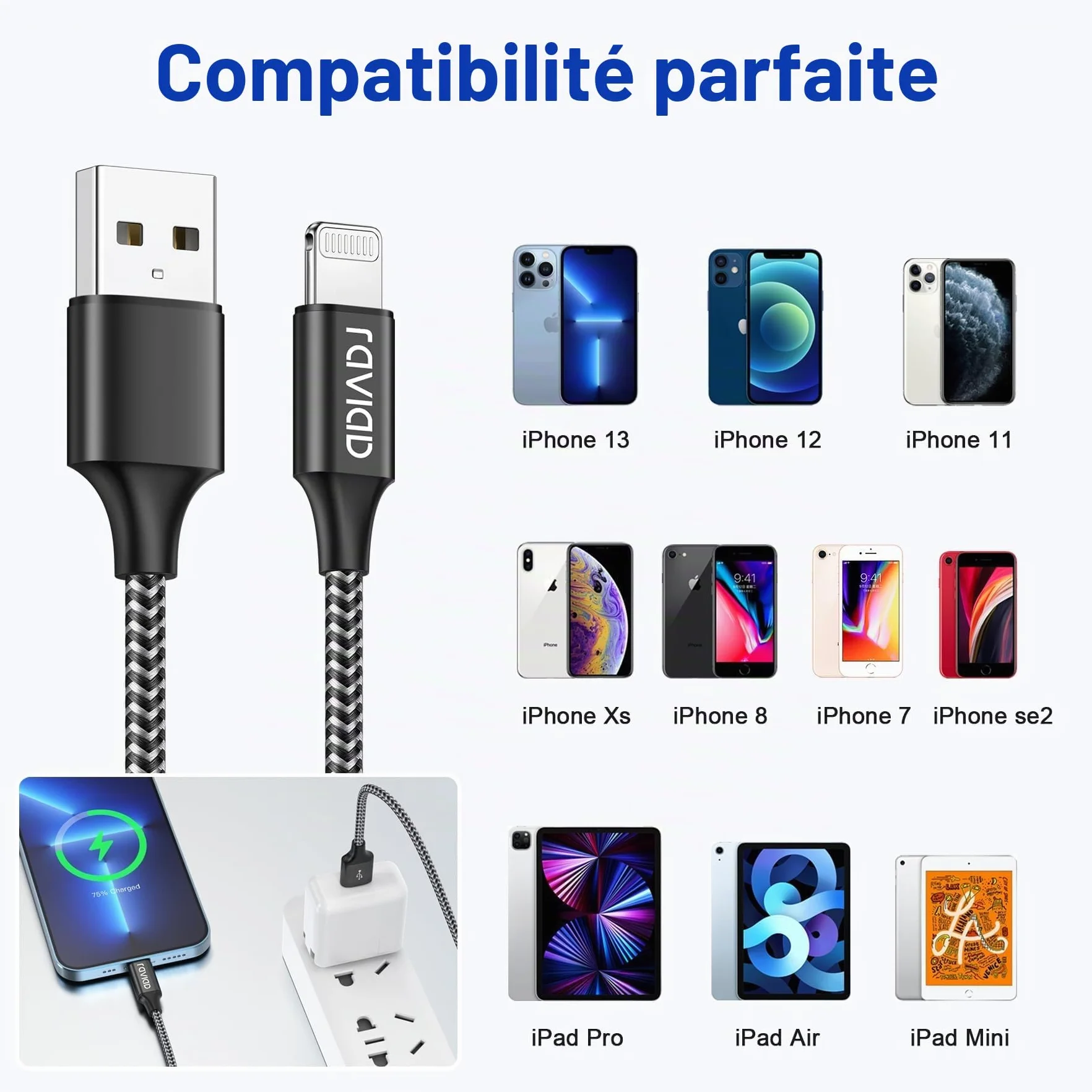 RAVIAD Câble iPhone 30CM Chargeur iPhone Certifié MFi Nylon Lightning Charge Rapide Compatible iPhone 13 12 11 Pro Max Noir
