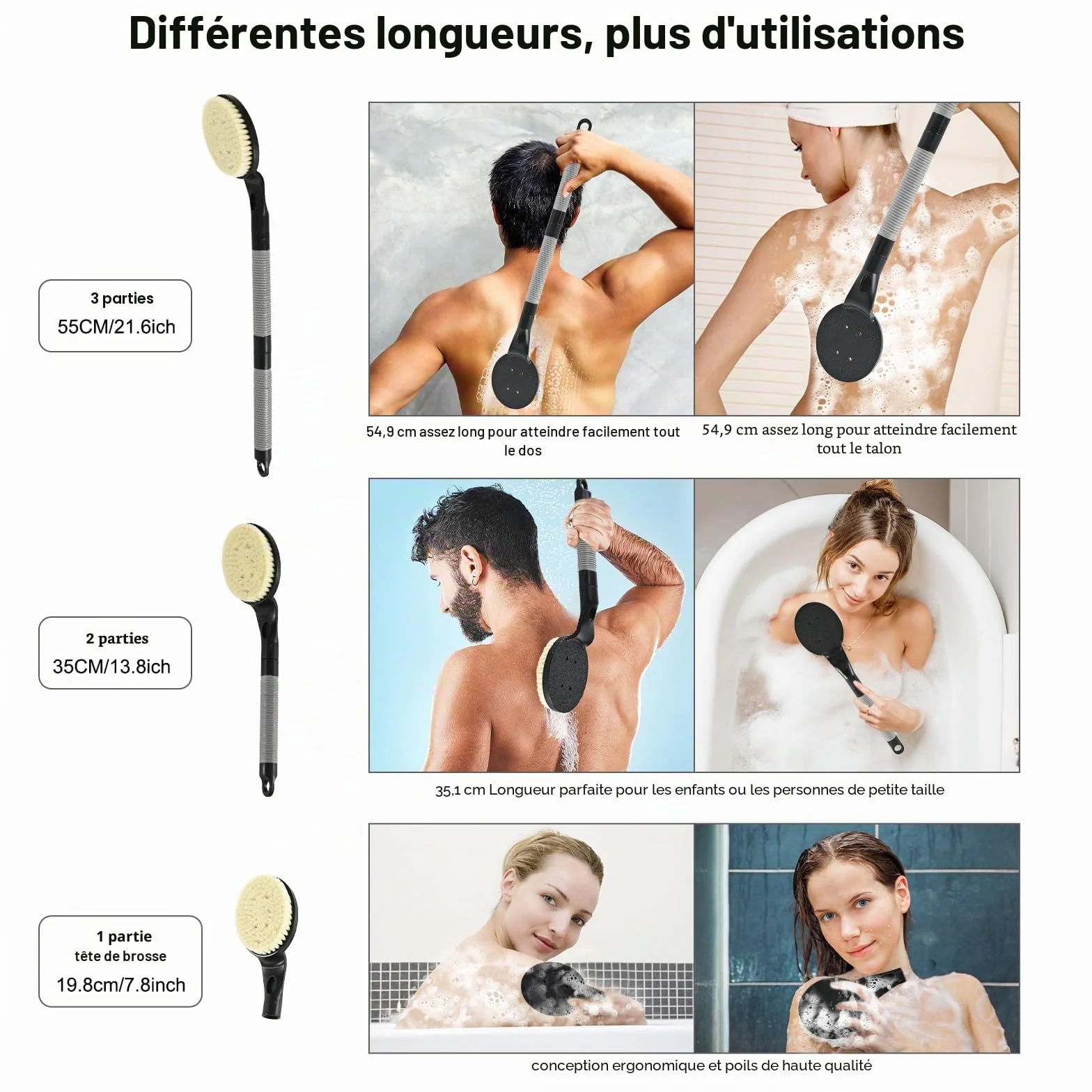 Brosse dos Douche Long Manche 55,1 cm Nylon Souple Exfoliation Corps