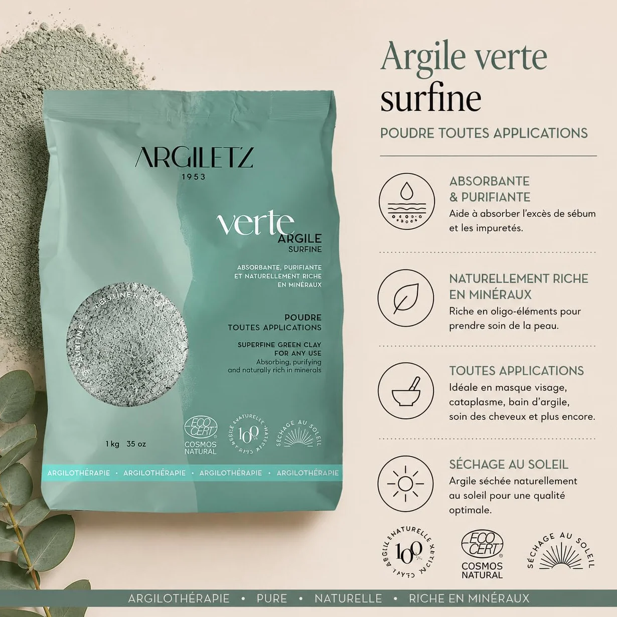 Argiletz Argile Verte Surfine 1kg Poudre Très Fine 60 Microns Masque Visage Soin Peau Douce Argile Naturelle Certifiée Cosmos Natural