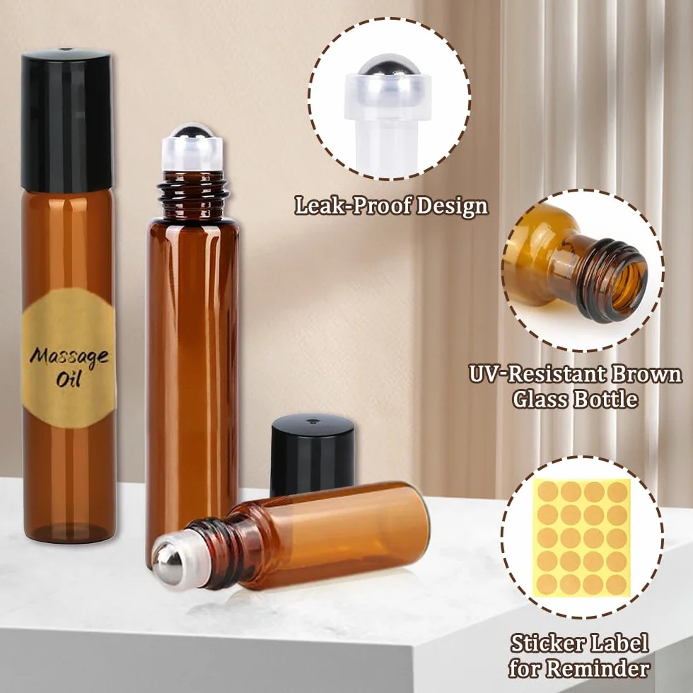 Lot de 10 bouteilles d'huile essentielles à rouler vides 10 ml avec bille en acier inoxydable
