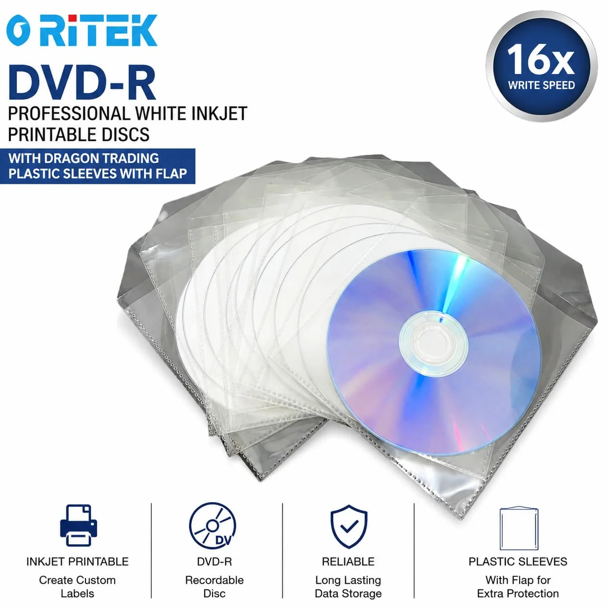 Ritek DVD-R vierges imprimables jet d'encre 16x 5 pièces pochettes plastique rabat Blanc
