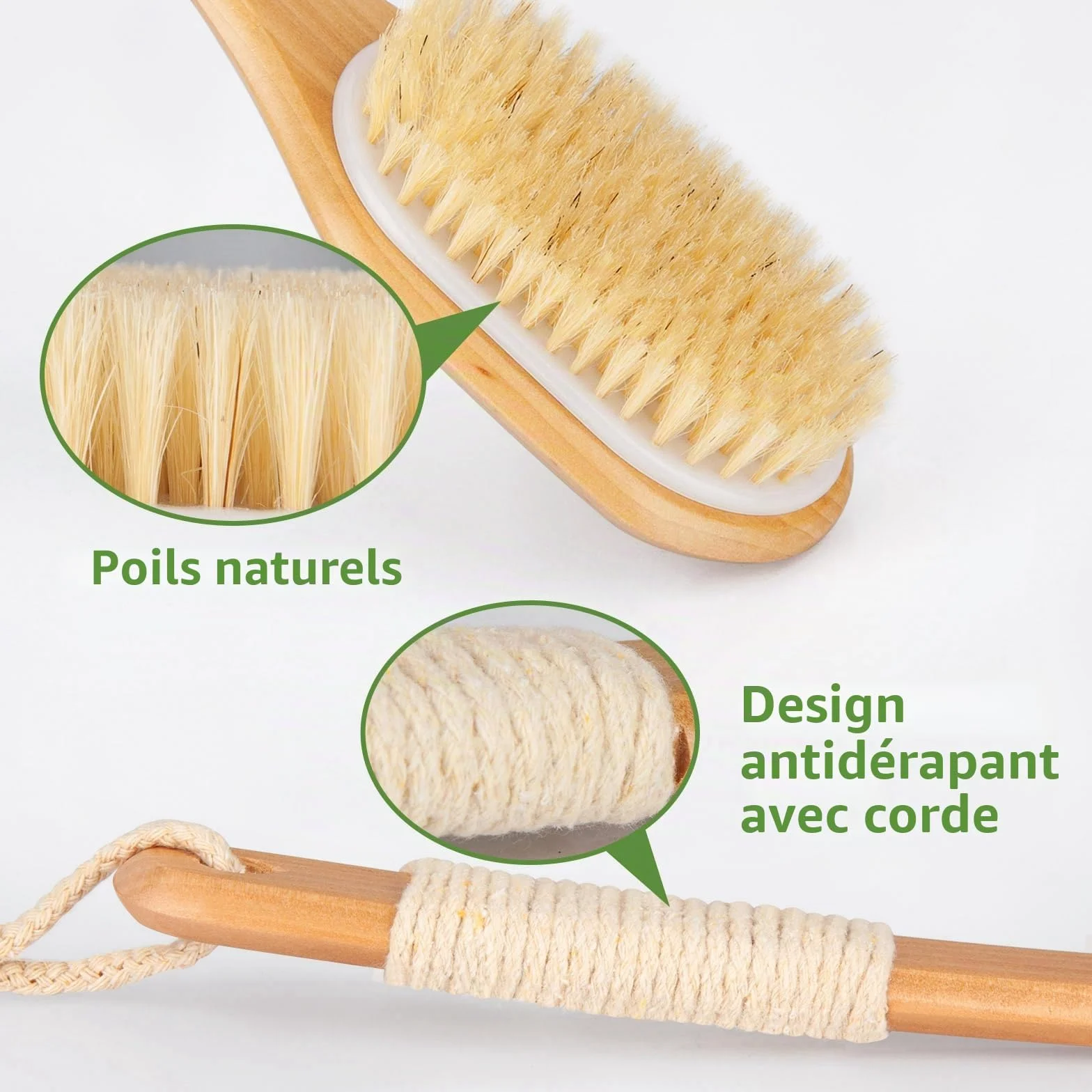 Brosse dos Douche 44,5CM Brosse Exfoliante Corps Bois Poils Naturels Longue Manche