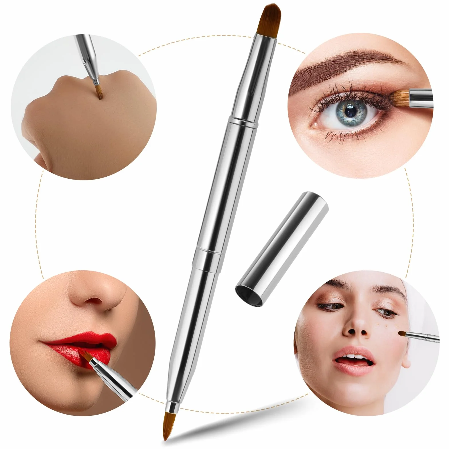 Pinceau de maquillage rétractable double extrémité portable pour rouge à lèvres, anti-cernes, contour des lèvres (argent)