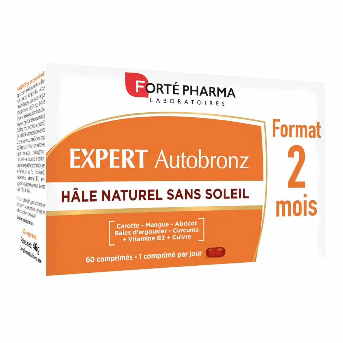 Forté Pharma Expert Autobronz Complement alimentaire bronzage Hâle naturel Autobronzant sans soleil Cuivre Carotte Mangue Abricot Curcuma Vitamine B3 60 jours