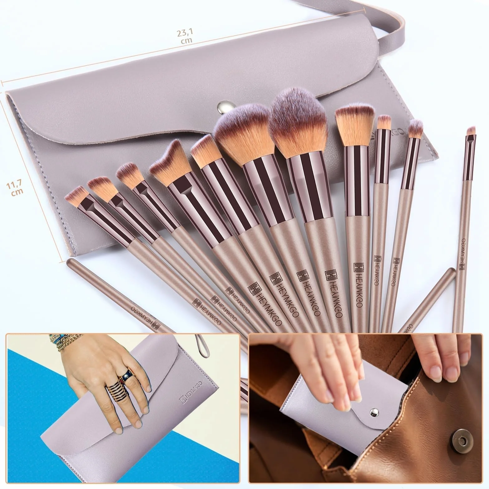 HEYMKGO Pinceaux Maquillages Lot de 15 Set Professionnel avec Trousse en Cuir PU Champagne Doré