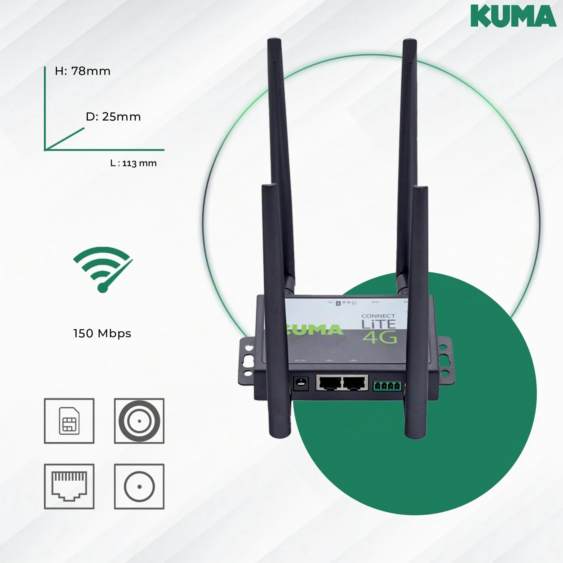 Kuma 4G Routeur Connect Lite Débloqué avec Carte SIM – WiFi Portable 150 Mbps pour Maison, Bureau, Jardin et Voyage – Routeur 4G Kuma LTE Internet Mobile sans Abonnement avec Hotspot Plug&Play