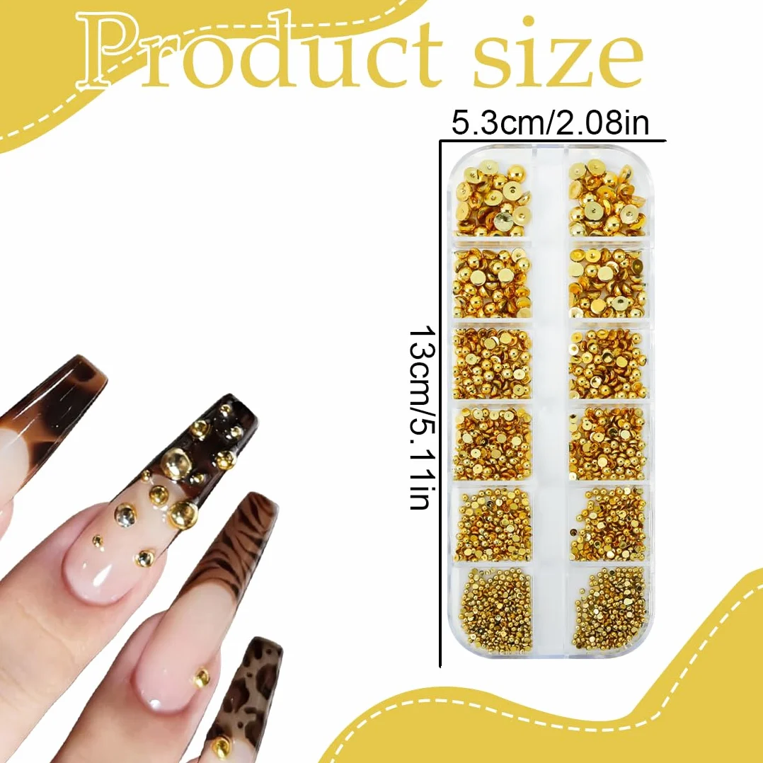 Boîte 3D Flatback Perle Ongle Or, Strass Nail Art, Demi-Rondes Métal pour Deco Ongle