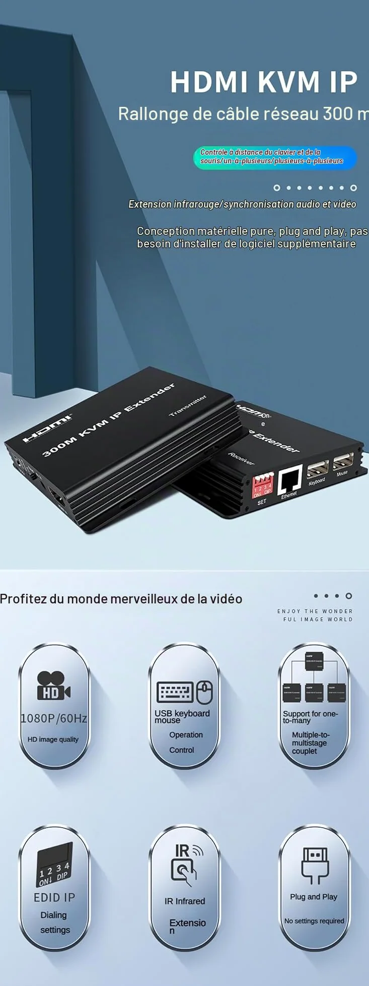300M HDMI KVM IP Extender sur RJ45 Cat6 avec Câble Ethernet 1080p - Multipoint Connect Network Switch Support PC DVR TV Souris Clavier