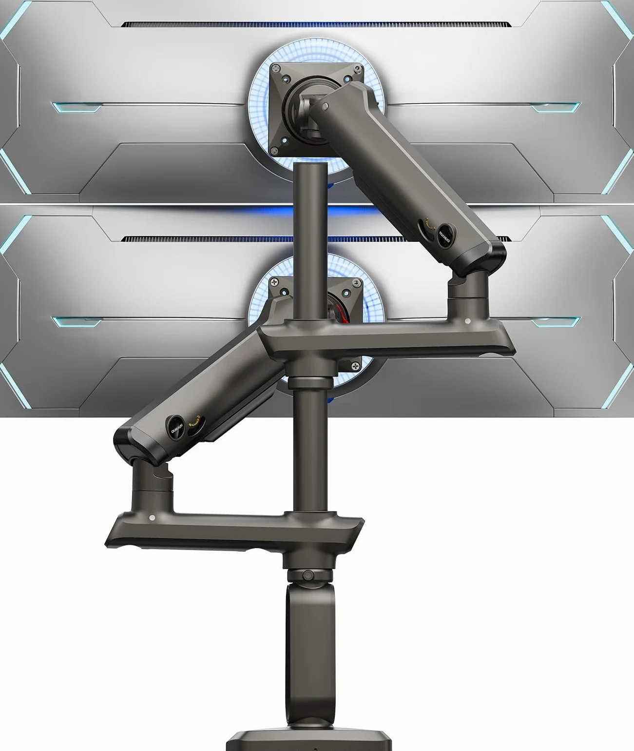HUANUO Bras Écran PC 2 Écran Ultra-Large 13 à 49 Pouces à 18 kg, Support Double Écran PC Bureau Extra Haut e, Support Écran PC 2 Écran Empilé Verticalement et Réglable, VESA Max 100 x 100mm