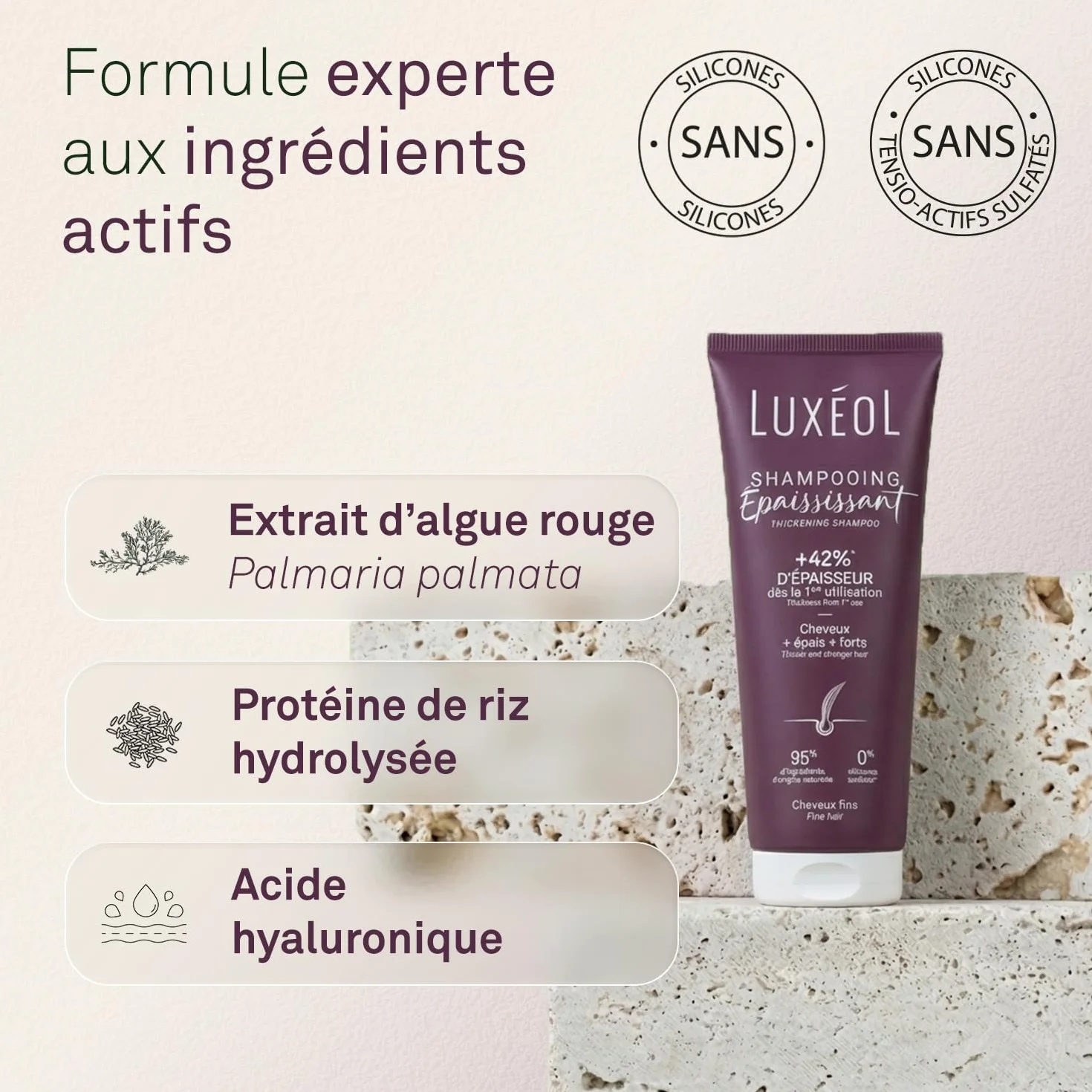 LUXÉOL Shampoing Épaississant 200 ml à l'Algue Rouge Protéine de Riz Acide Hyaluronique Sans Silicones Fabriqué en France