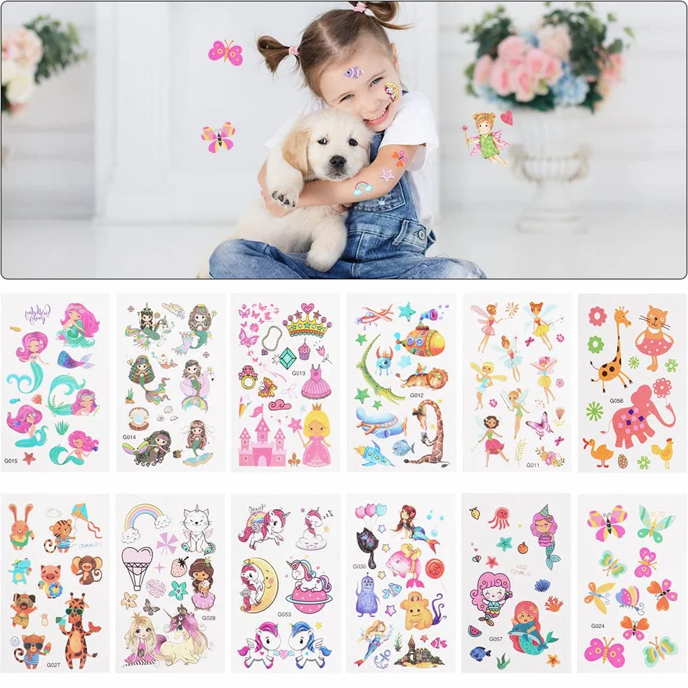 ACWOO Tatouage Temporaire Enfant 60 Feuilles Kit Tatoo Sirène Fée des fleurs Papillon