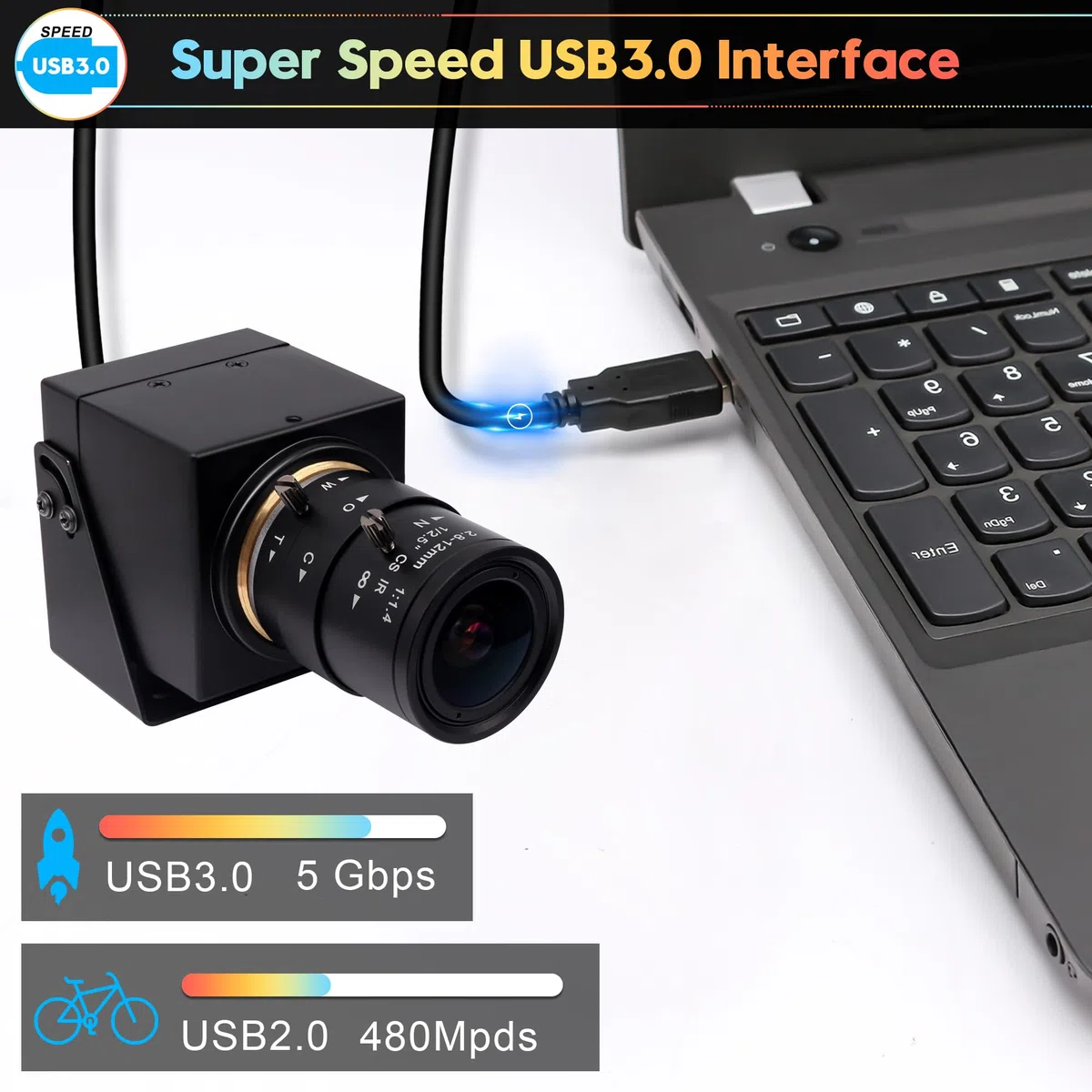 Svpro Caméra zoom USB HDMI 4K 60fps USB3.0 Mise au point manuelle avec objectif zoom optique 2,8-12 mm, caméra industrielle HD 8 MP H.264 60 fps pour ordinateur, moniteur, TV, projecteur
